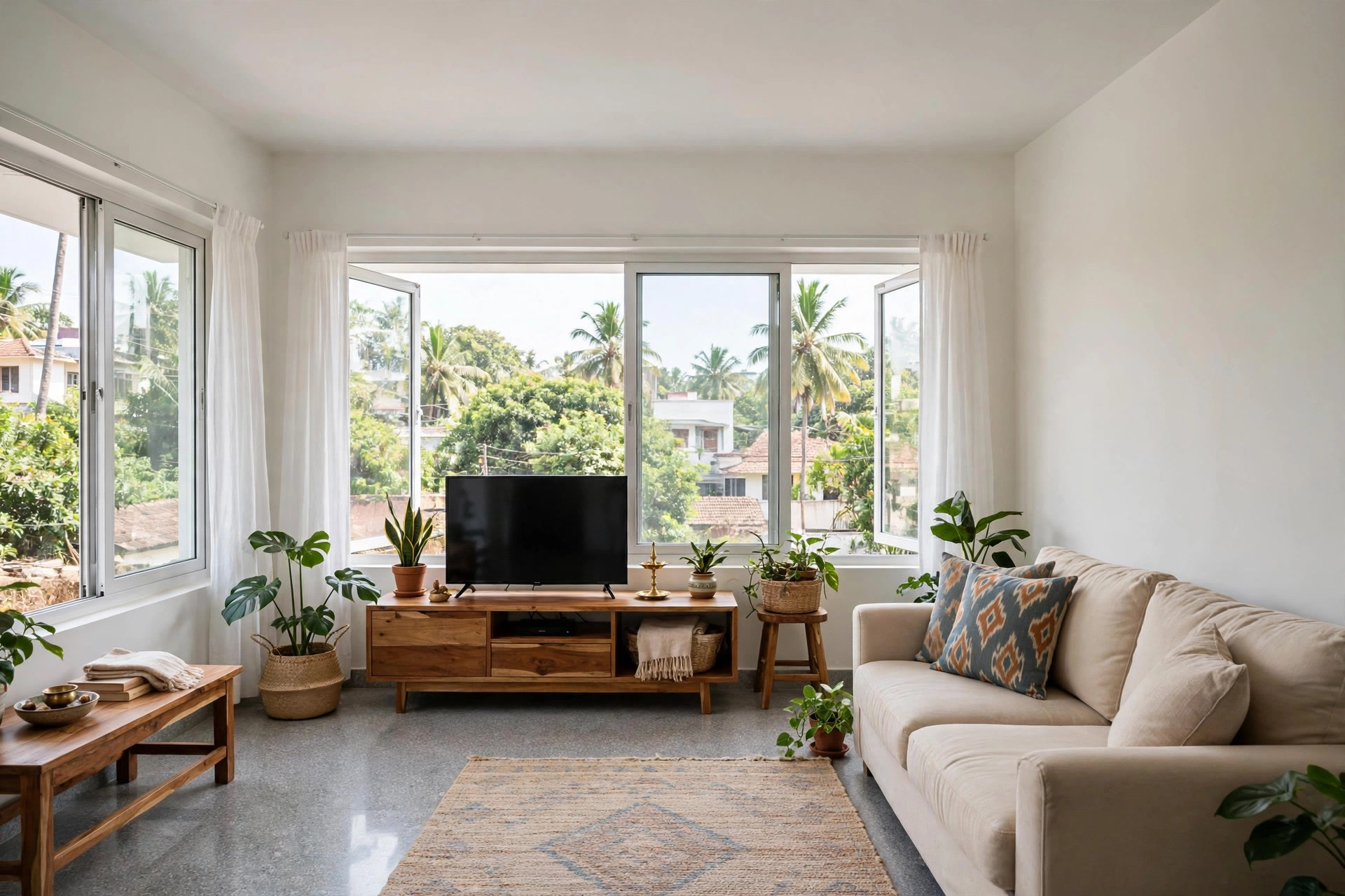 Bright living room with a plain white painted slab ceiling and no false ceiling, daylight from large windows