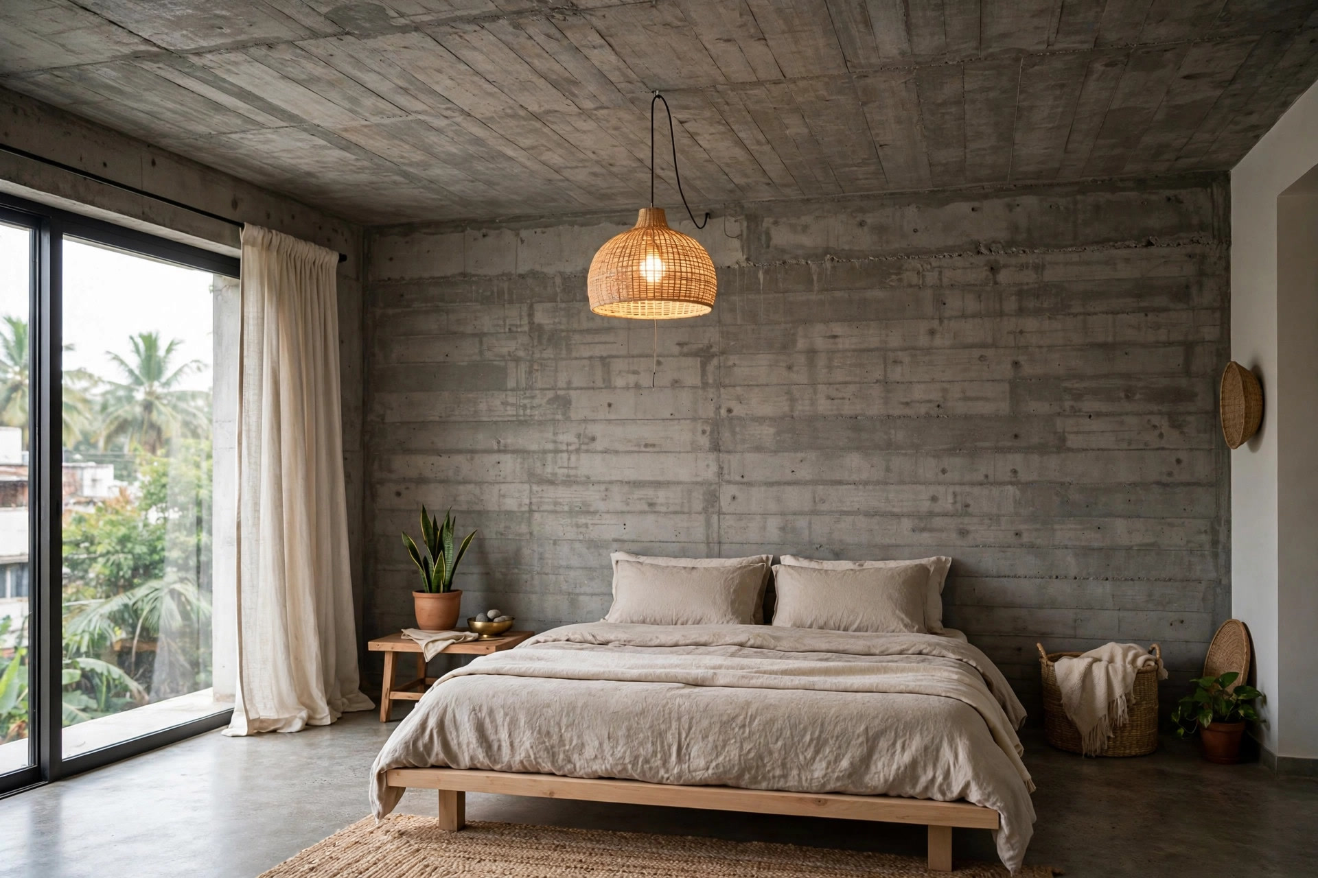 Bedroom with an exposed raw concrete ceiling and a single warm pendant light hanging from the slab