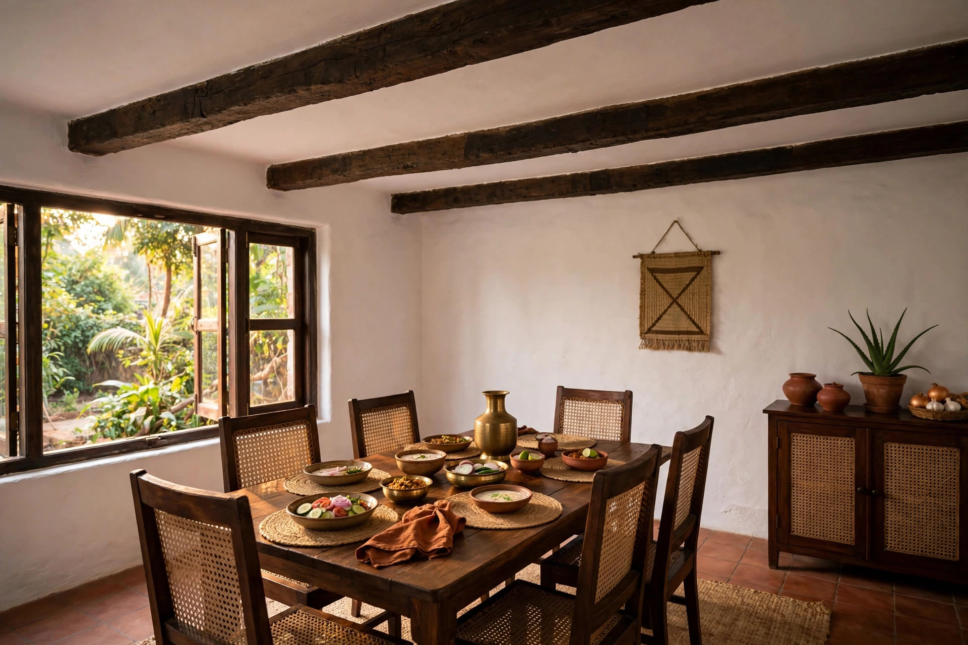 Dining room with dark wooden beams running across a plain white painted ceiling