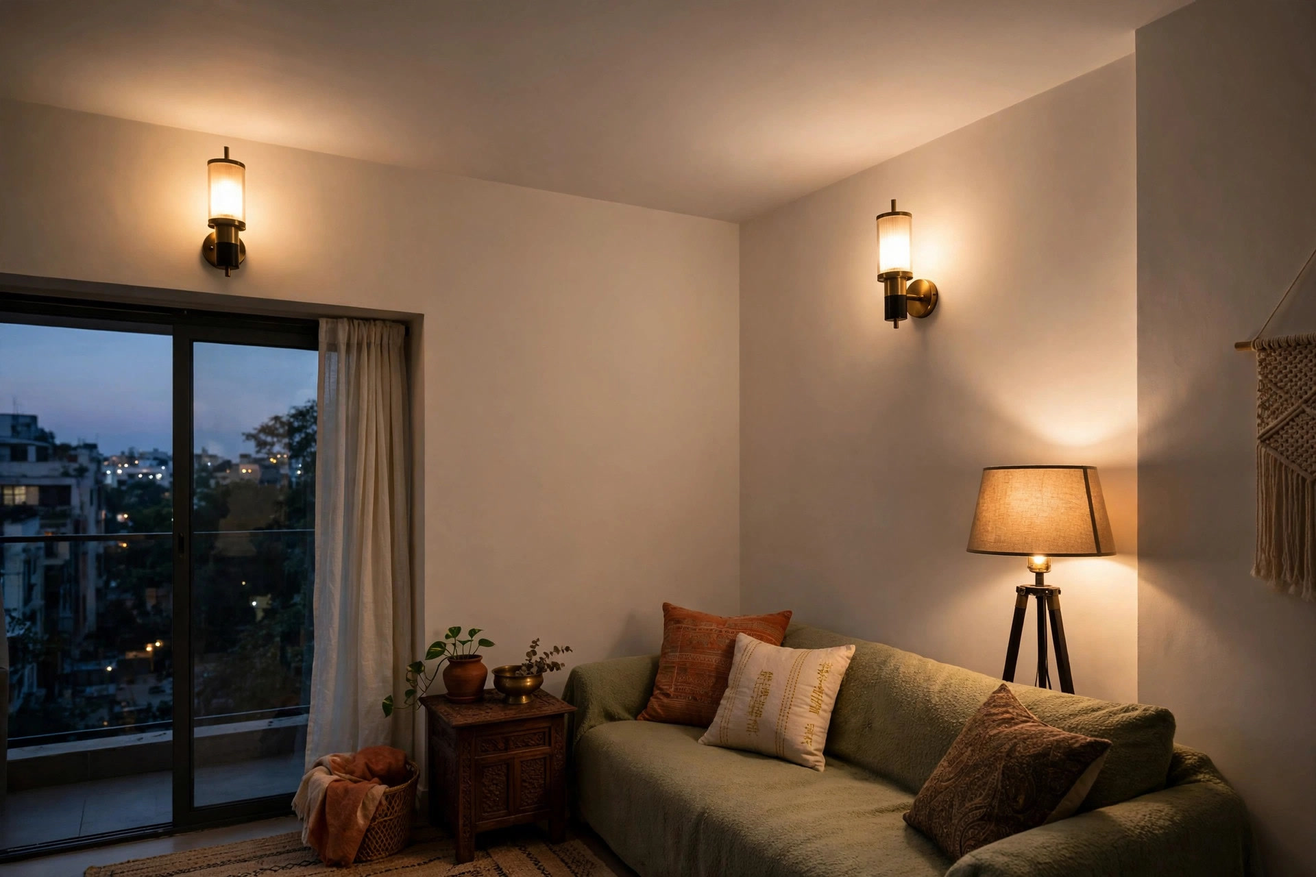 Living room corner at dusk lit by two wall sconces and a floor lamp with a plain ceiling above