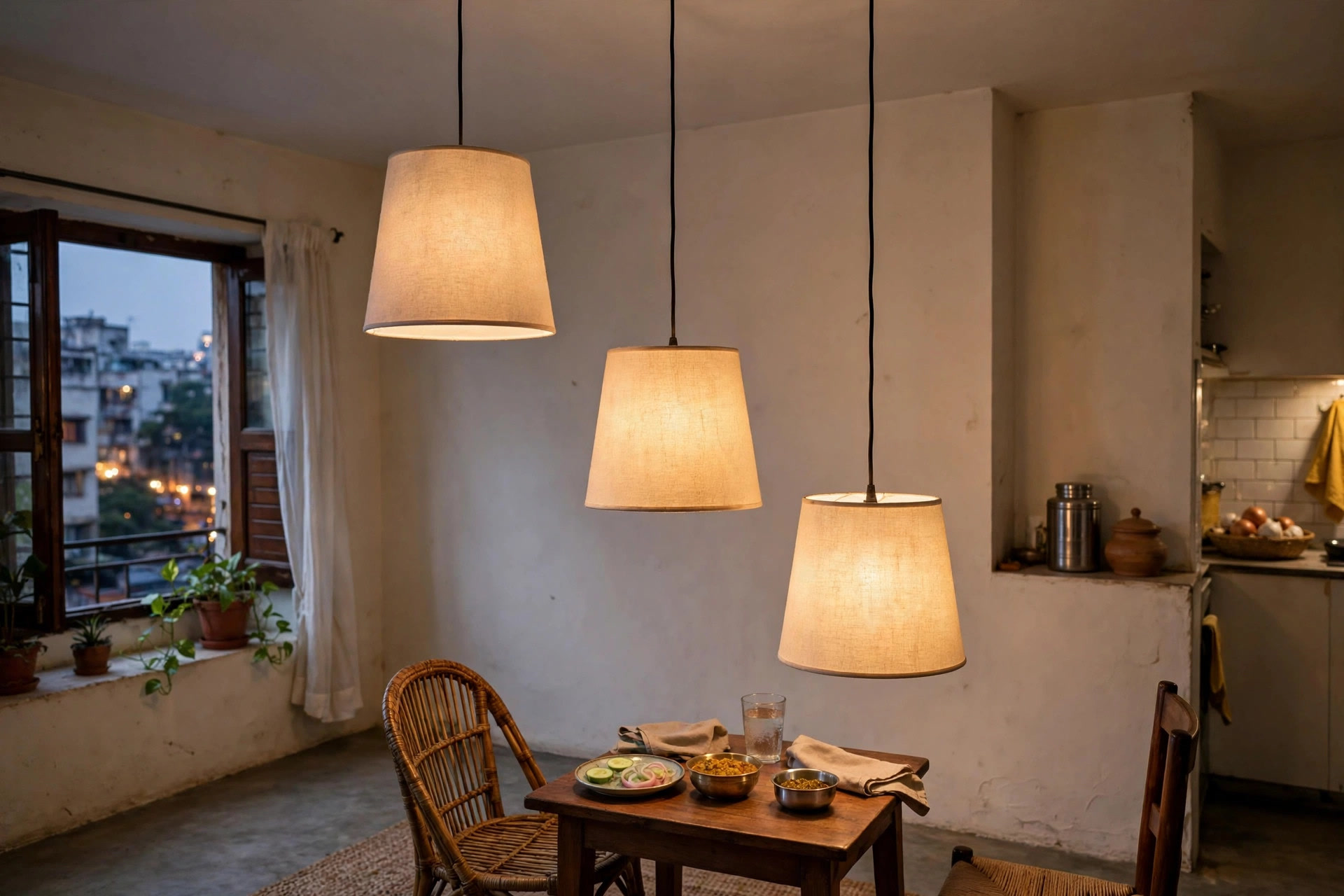 Three fabric-shade pendant lights hanging at different heights from a plain painted ceiling over a dining table