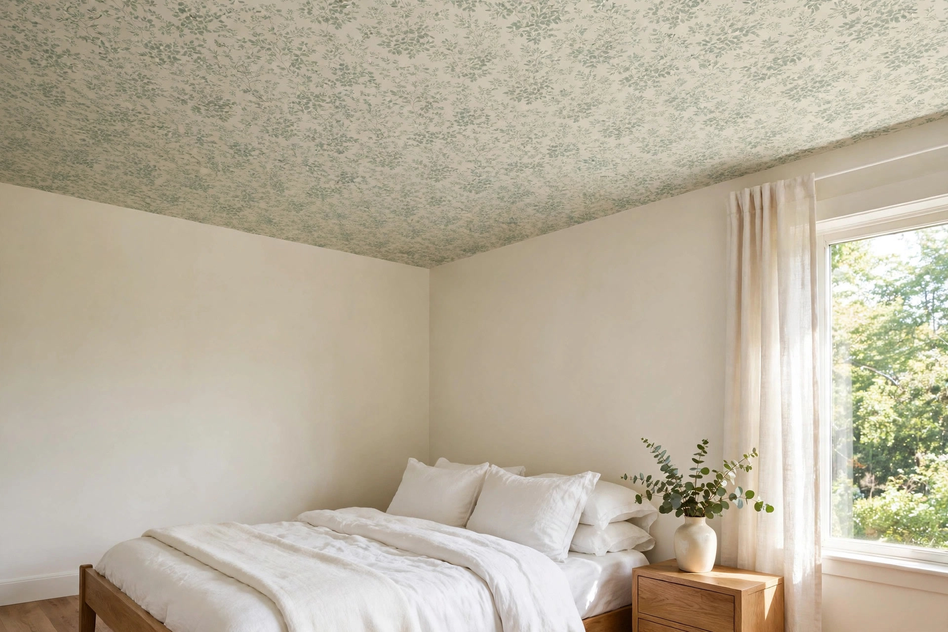 Bedroom with a ceiling covered in subtle sage and cream patterned wallpaper