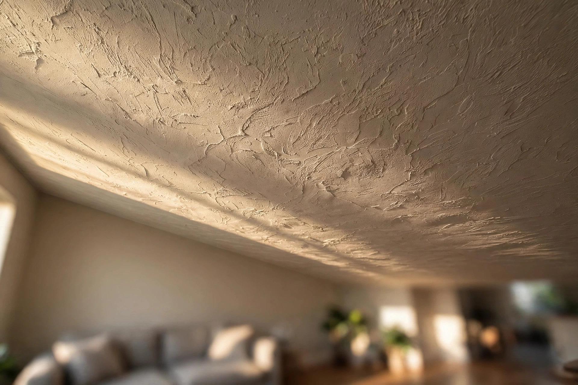 Ceiling with a subtle textured paint finish with light raking across the surface