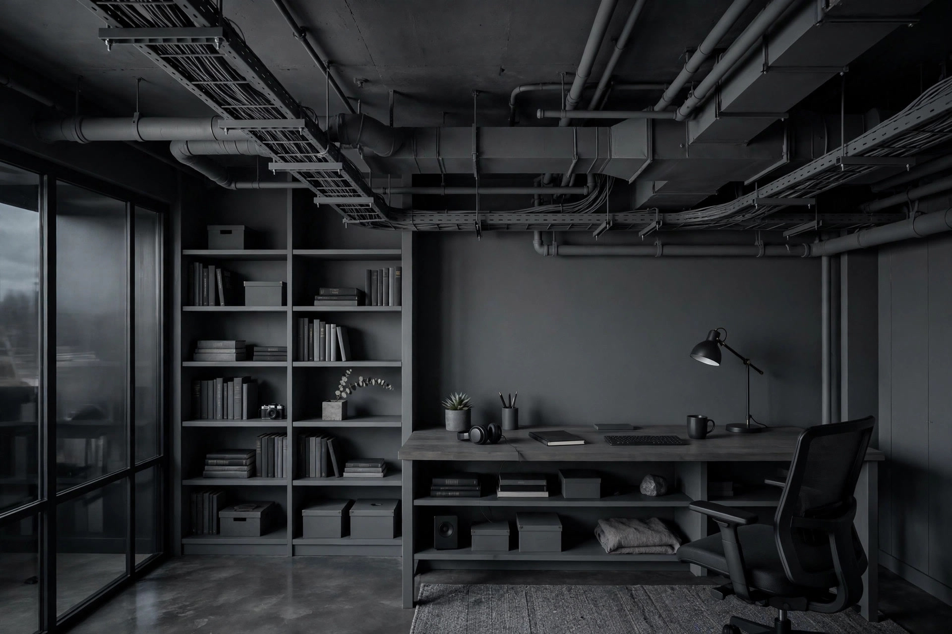 Home study with exposed pipes and ducts on the ceiling all painted uniform charcoal grey