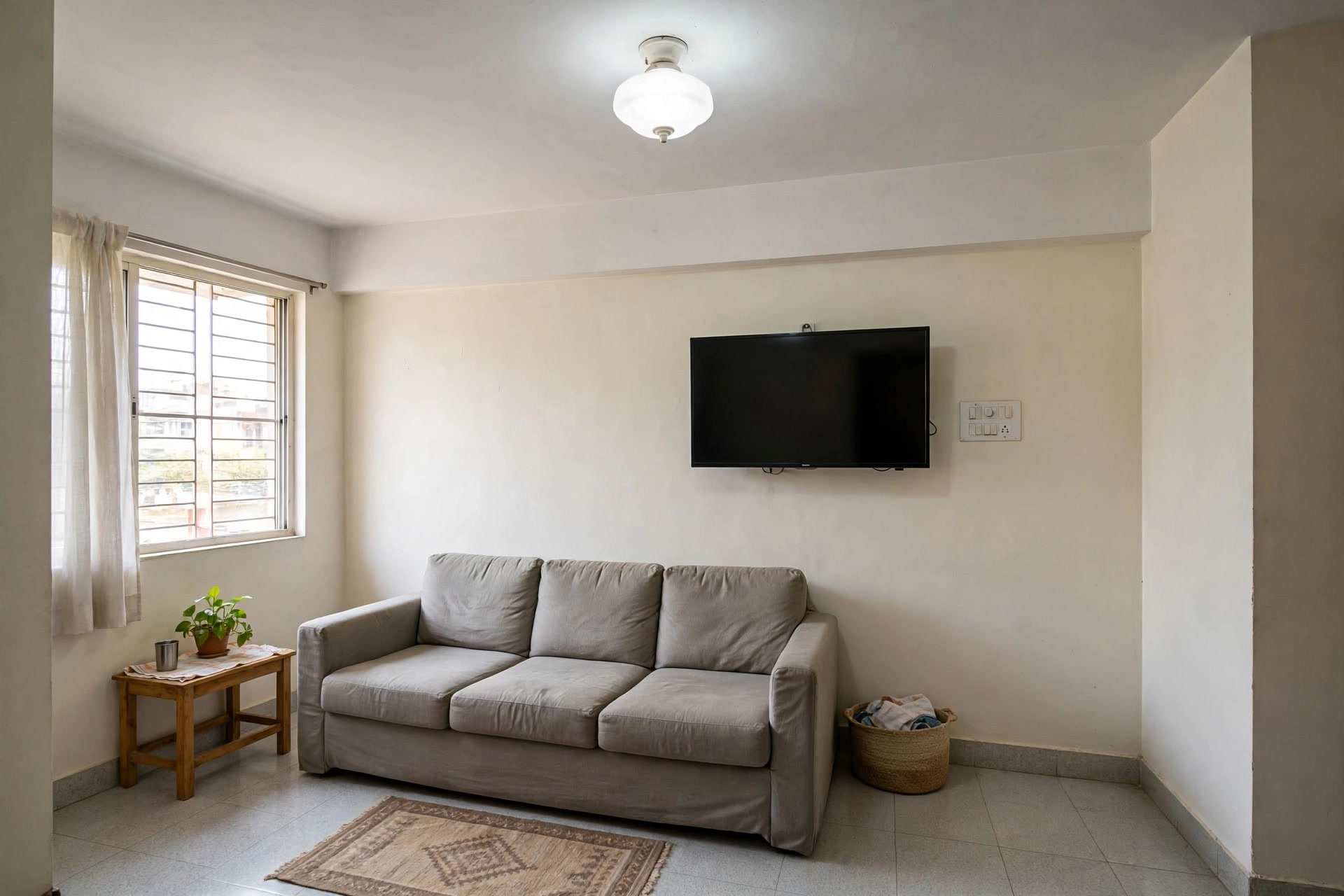 Modest Indian living room with a plain painted ceiling, sofa, wall-mounted TV and simple ceiling light