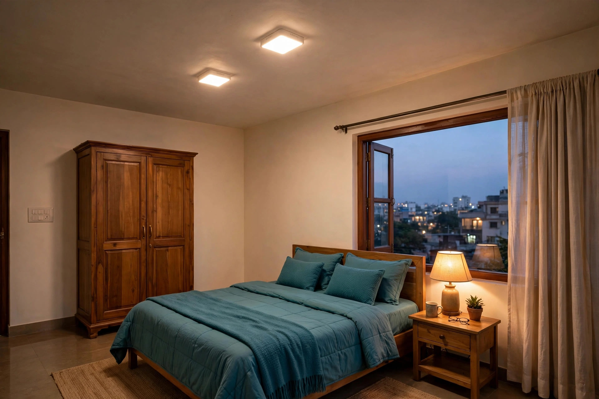 Bedroom with a plain painted ceiling and two surface-mounted LED panel lights glowing softly