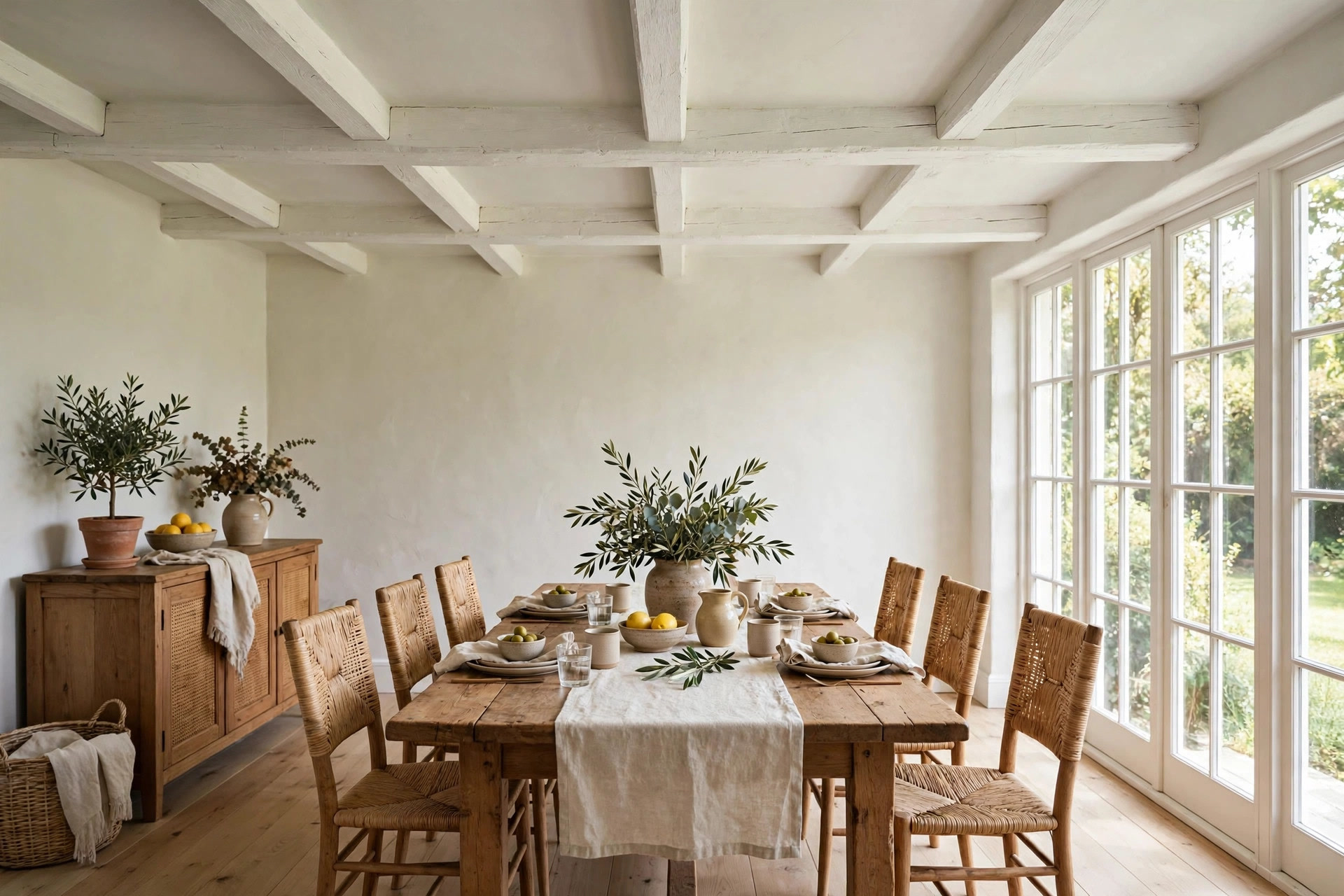 Dining area with white-painted wooden beams crossing a pale ceiling above a long table