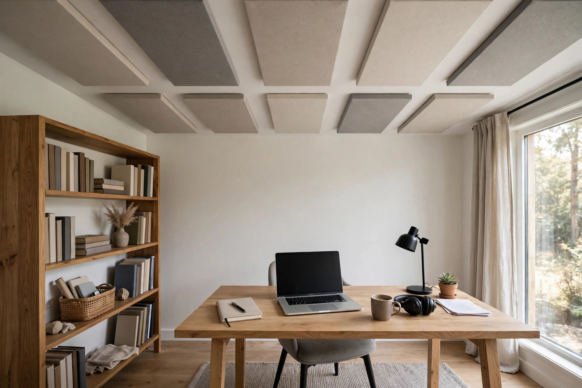 Home office with fabric acoustic panels in beige and grey mounted directly on a plain ceiling