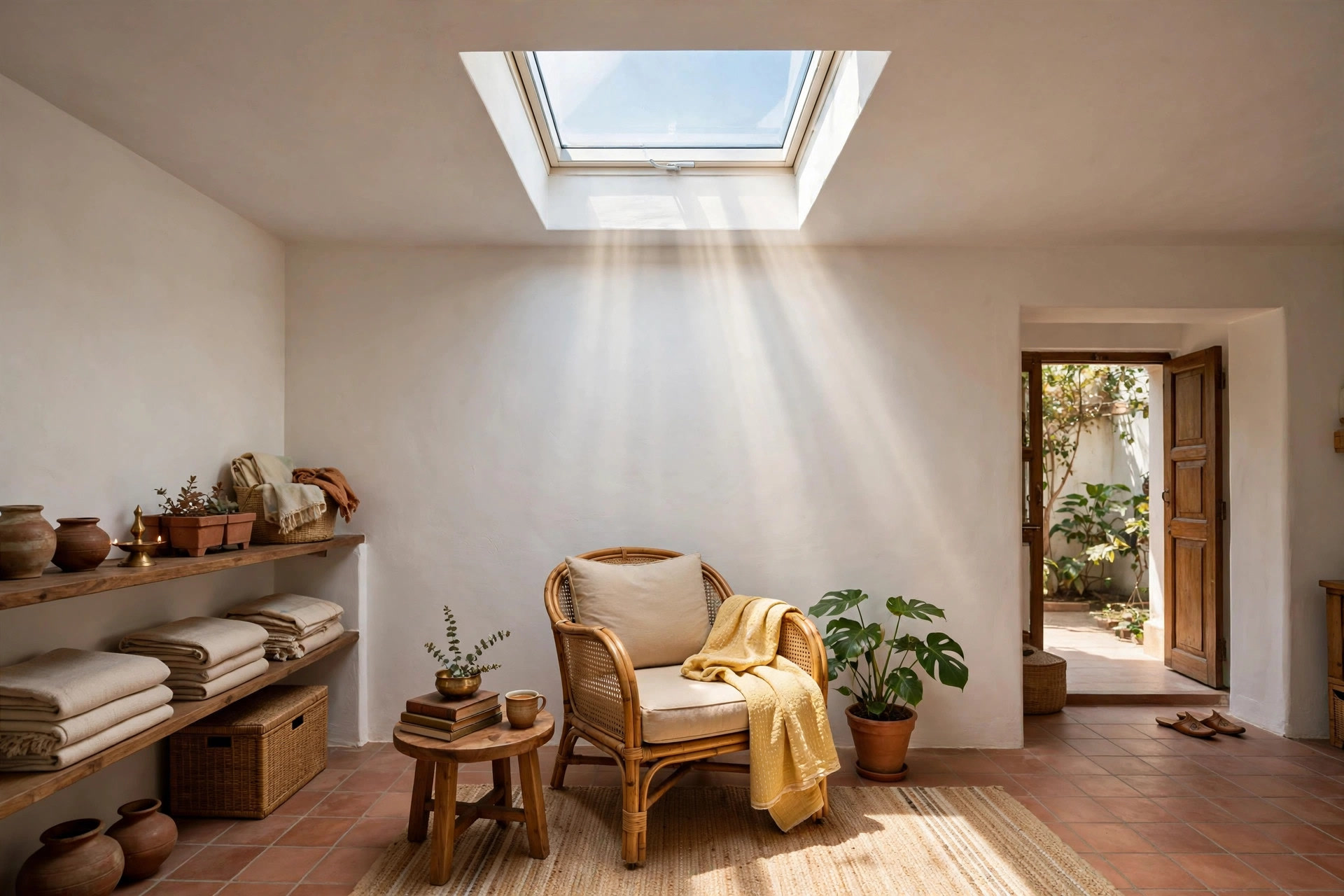 Reading corner with a skylight set directly into a plain painted ceiling with daylight streaming in