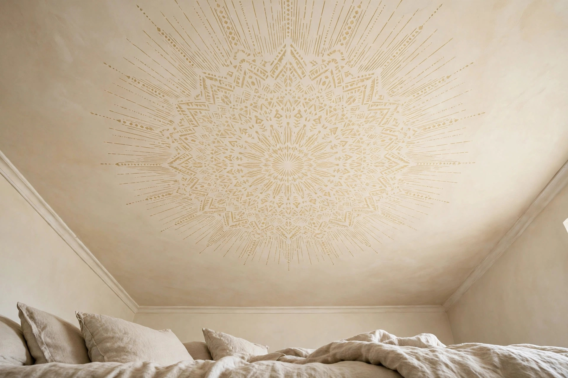 Bedroom ceiling painted cream with a delicate gold stencilled geometric pattern radiating from the centre