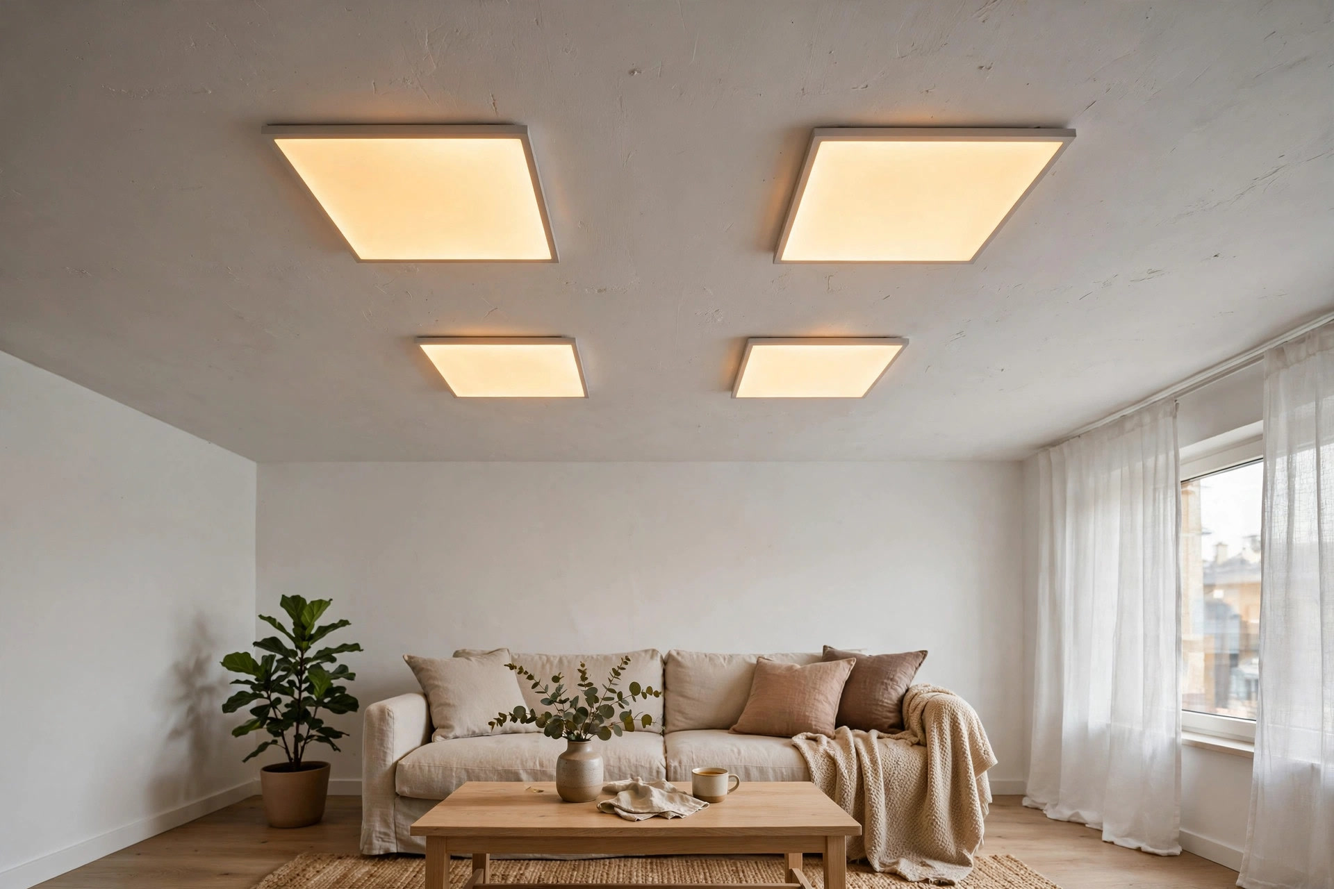 Four slim square LED panel lights mounted directly on a plain white ceiling in a sitting room