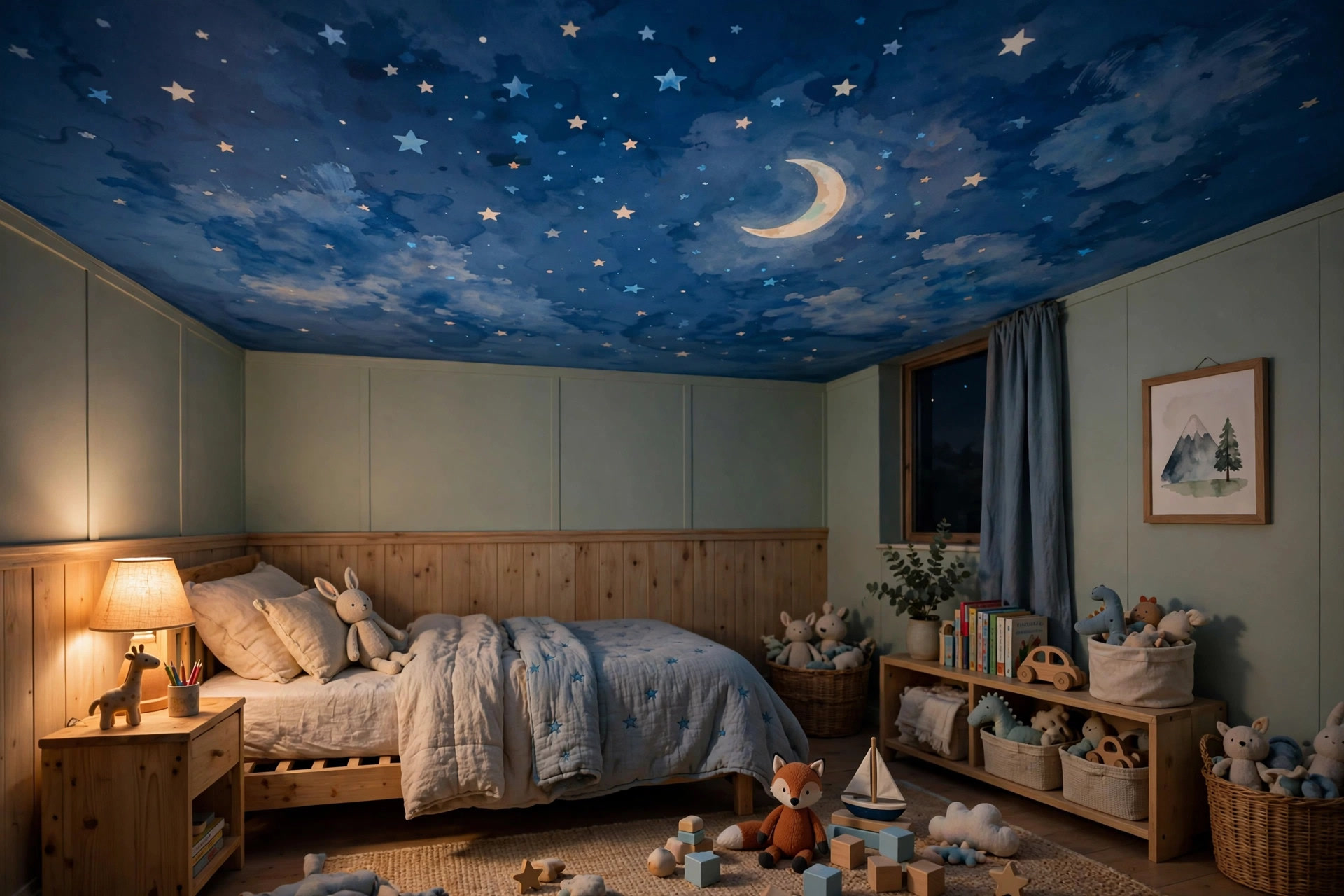 Child's bedroom with a hand-painted night-sky mural of stars and a moon on the ceiling