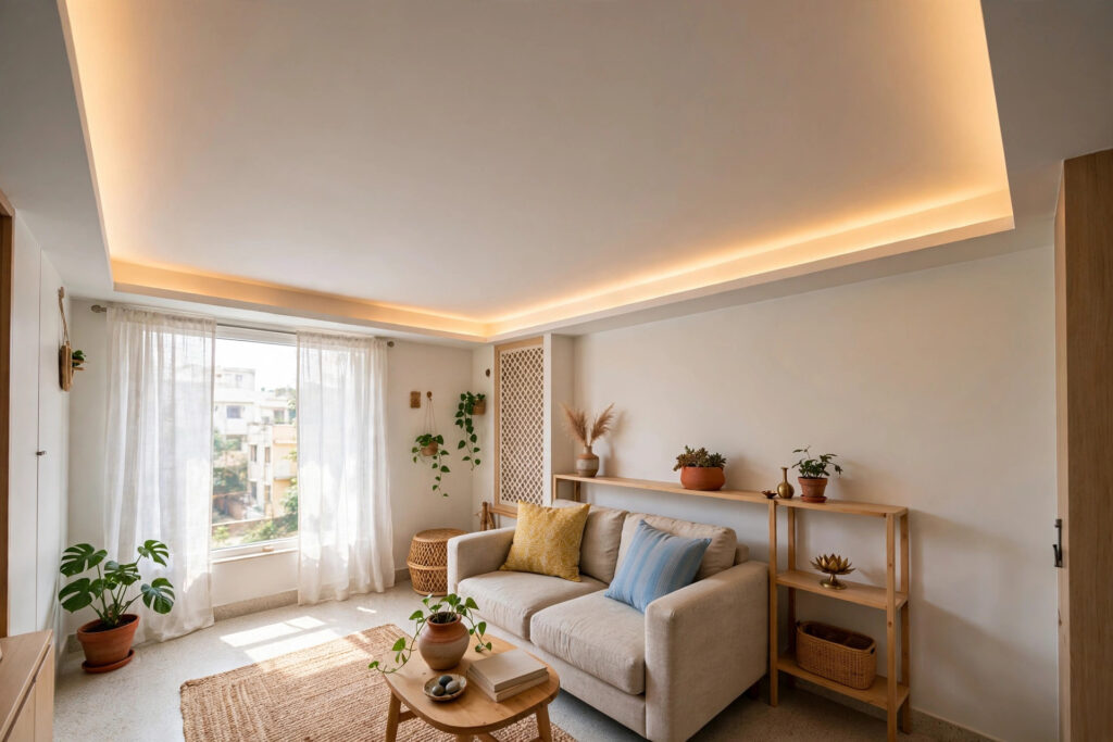 Compact living room with a slim false ceiling and warm perimeter lighting