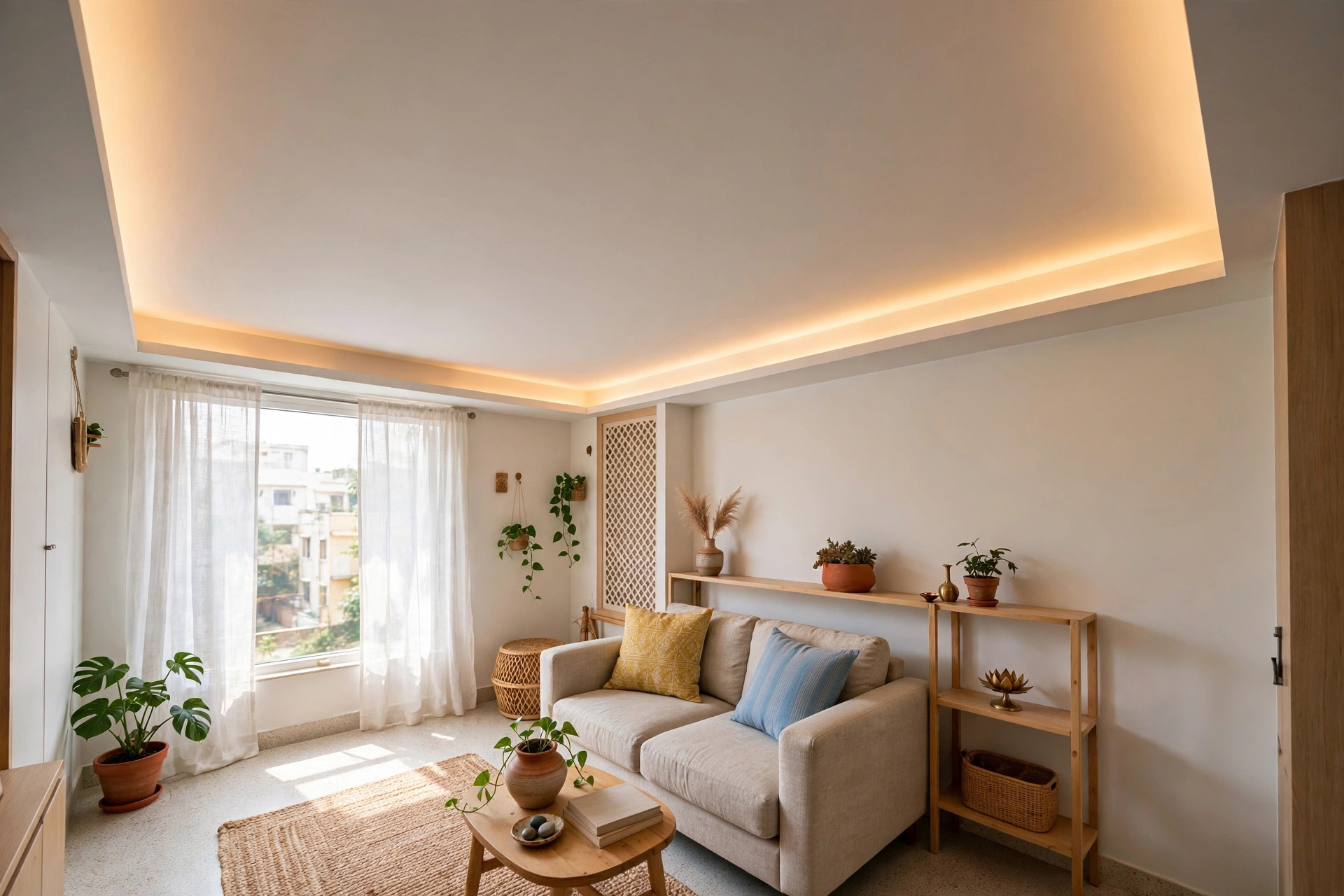 Compact living room with a slim false ceiling and warm perimeter lighting