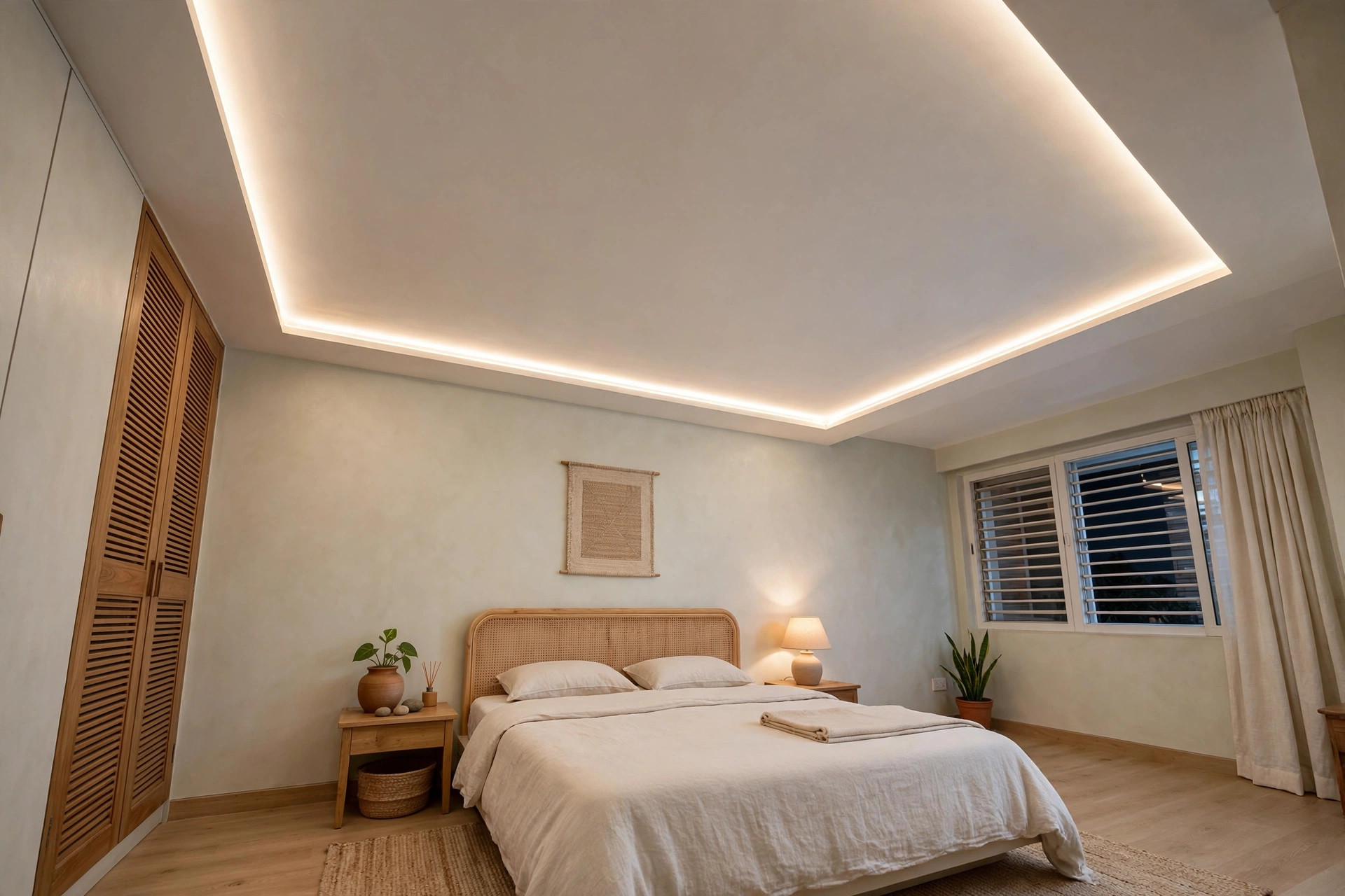 Compact bedroom with a flat ceiling and recessed LED border strip