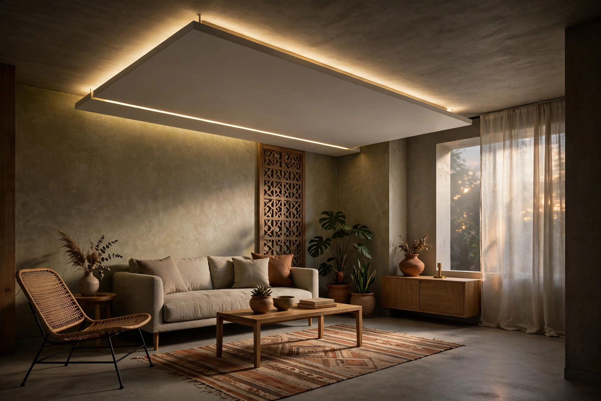 Compact living room with a floating backlit ceiling panel