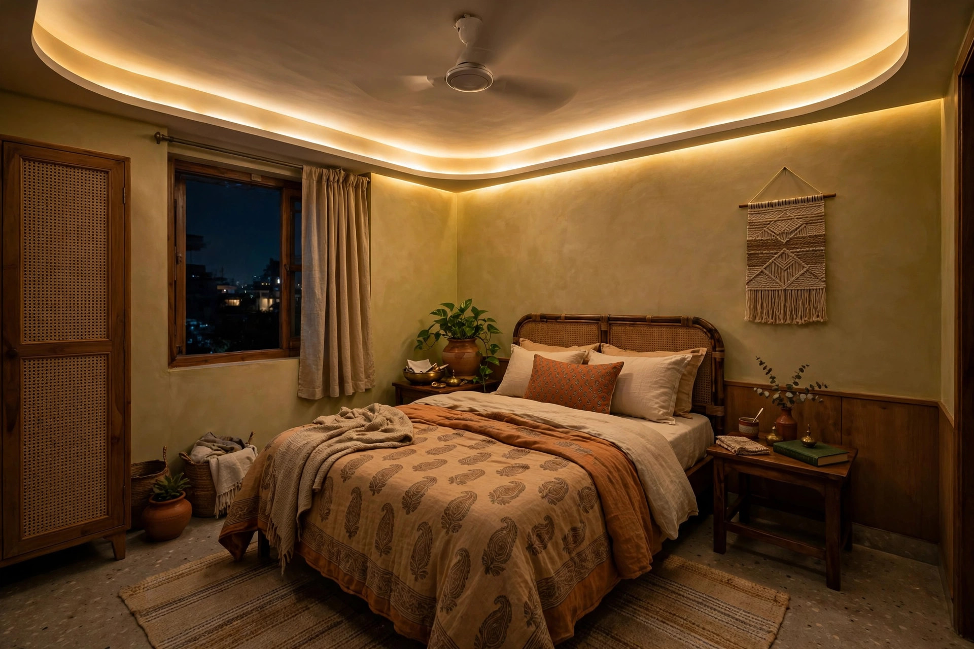 Compact bedroom with a warm perimeter cove light