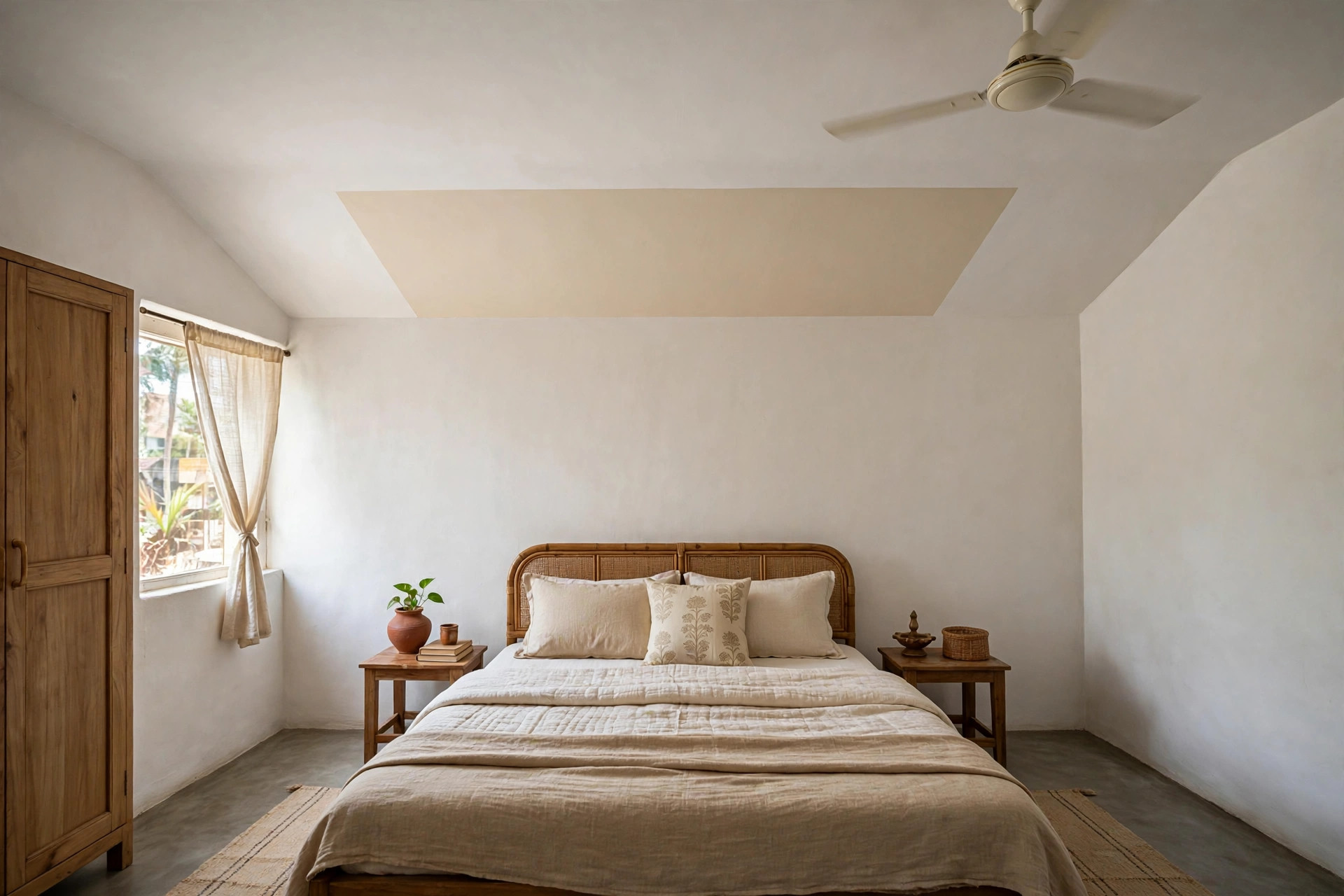 Small bedroom with paint-zoned ceiling, no false ceiling structure