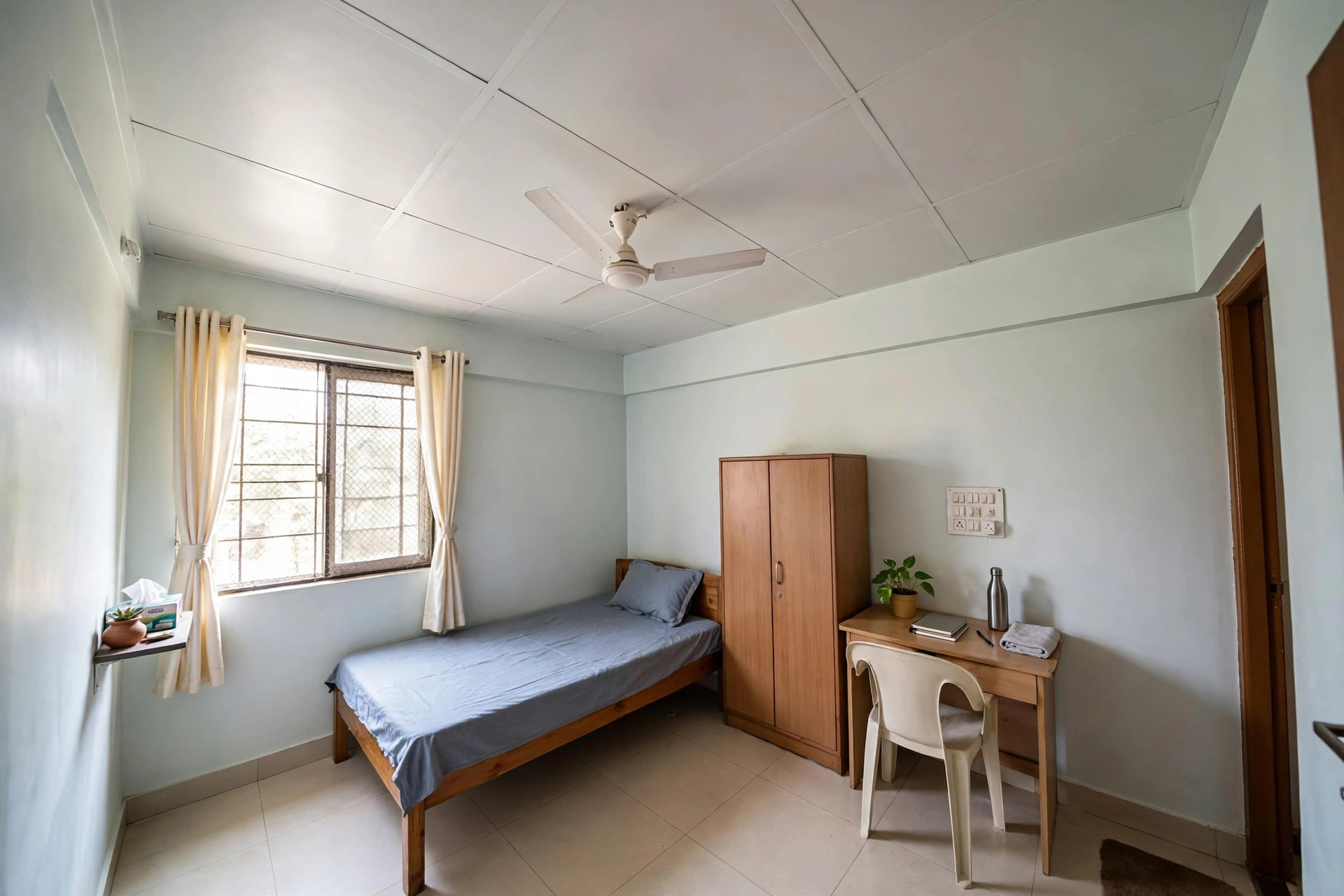 Rented compact room with light PVC panel ceiling