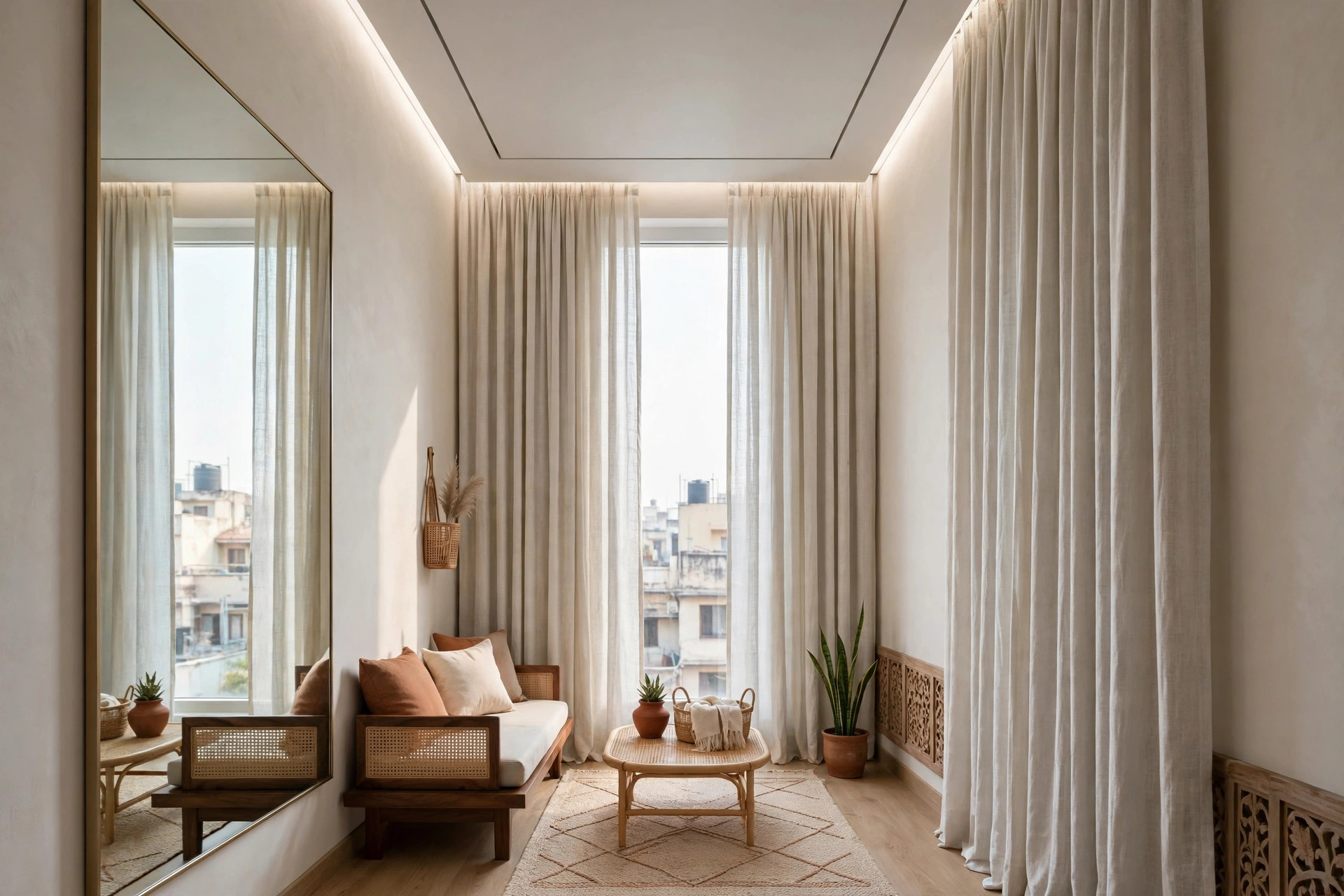 Compact room using curtains, mirror and low furniture to enhance perceived height