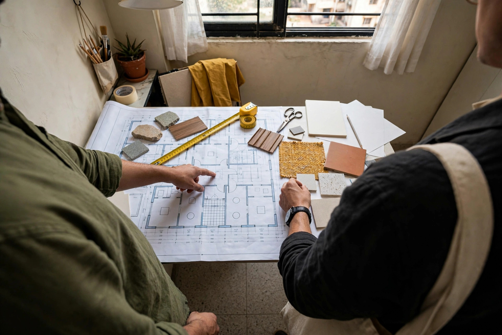 Homeowner reviewing a compact ceiling plan with a designer