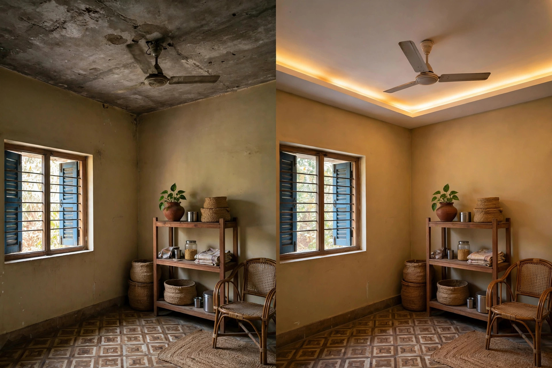Before and after: plain small room transformed by a slim ceiling with cove light