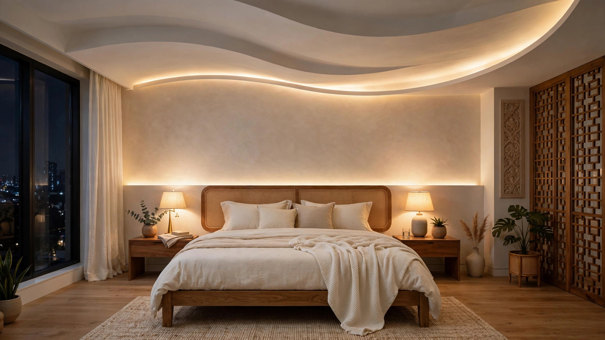 Concept render of a bedroom with a curved wave-shaped cove light glowing above the bed