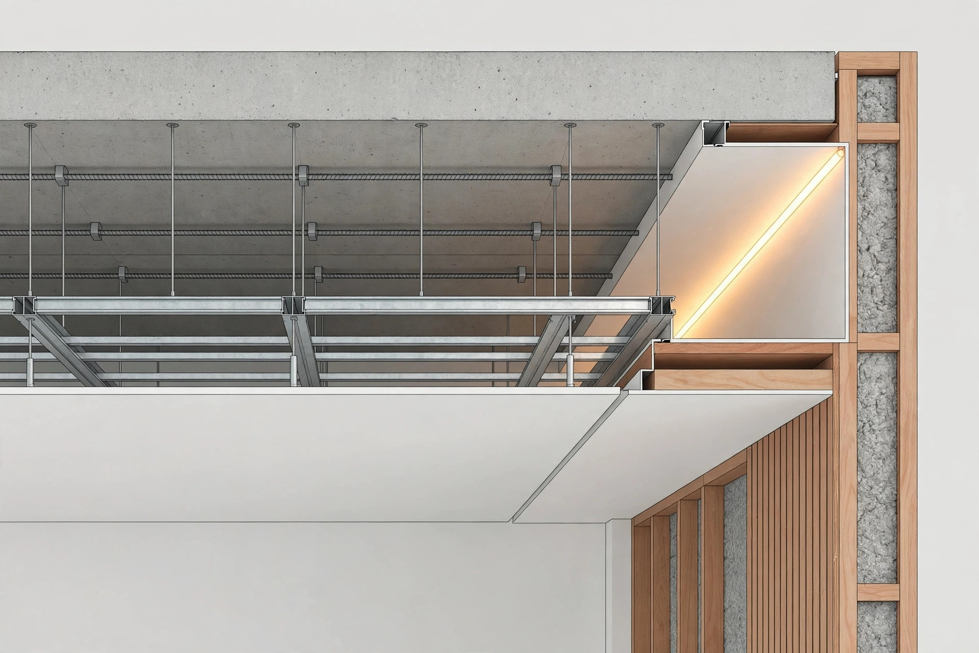 Cutaway illustration showing the layers of a false ceiling: concrete slab, hanger wires, metal frame and ceiling boards