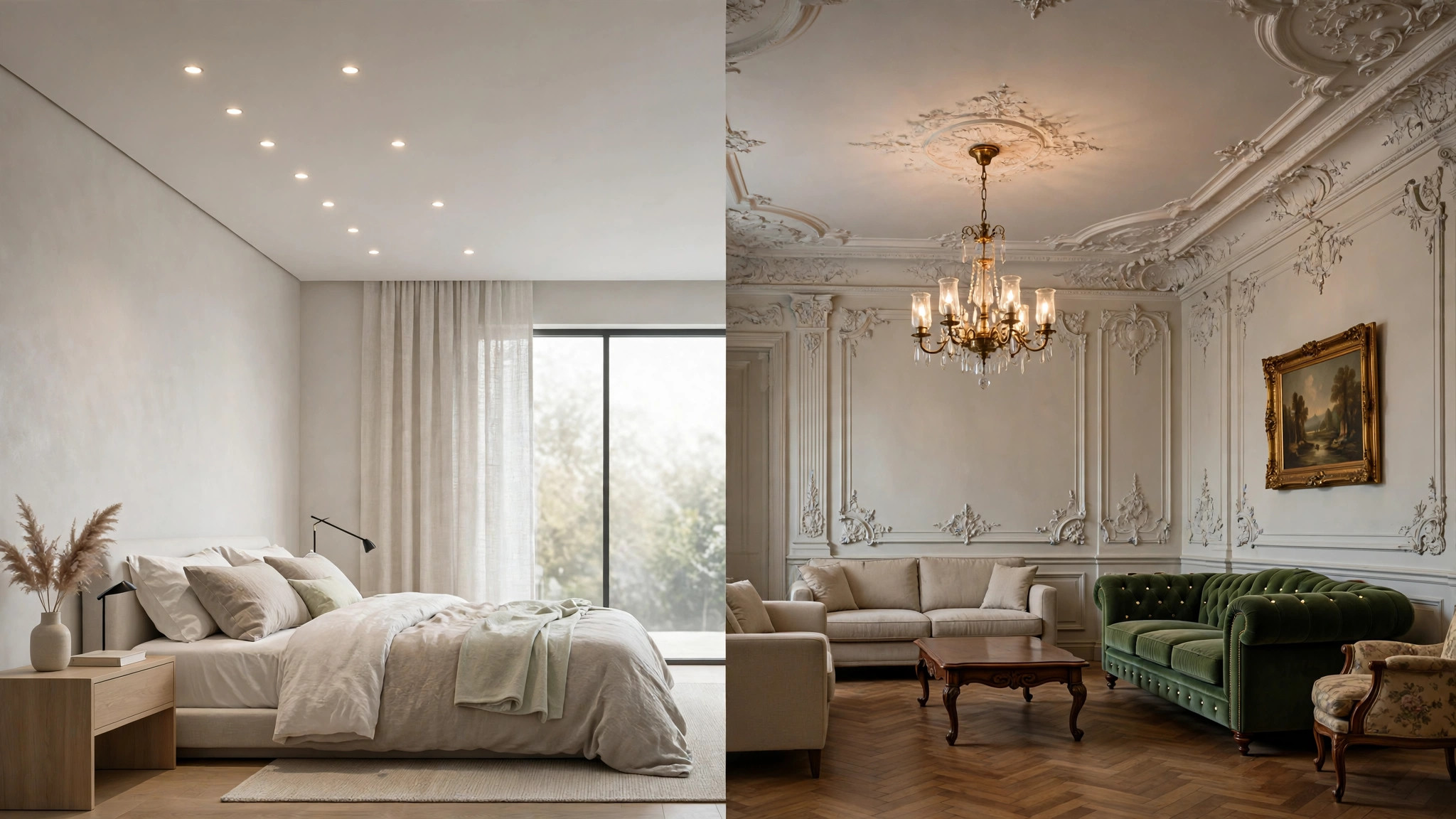 Concept render comparing a smooth gypsum false ceiling on one side with an ornate curved POP ceiling on the other
