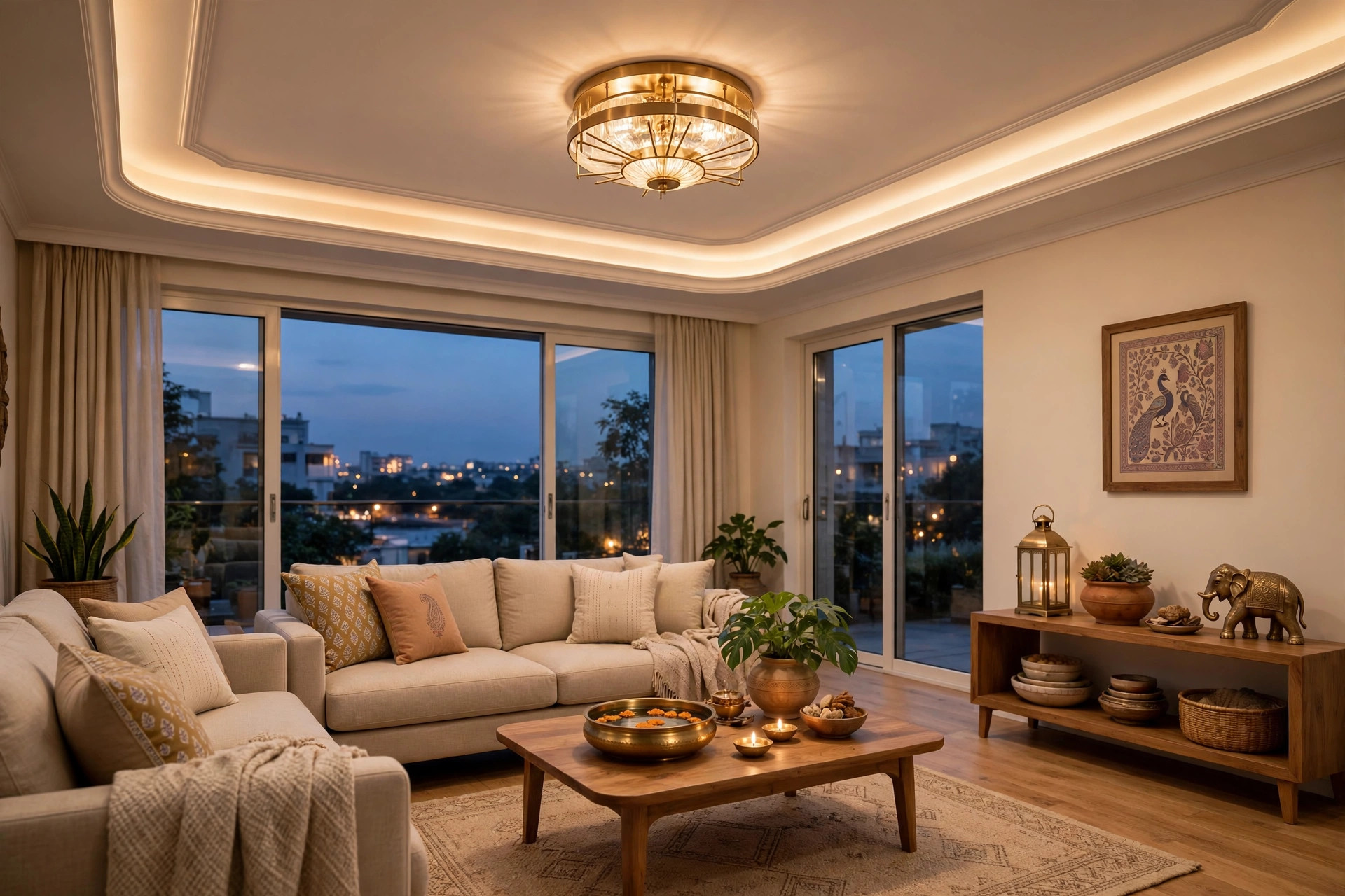 Concept render of a modern Indian living room with a cove-lit gypsum false ceiling