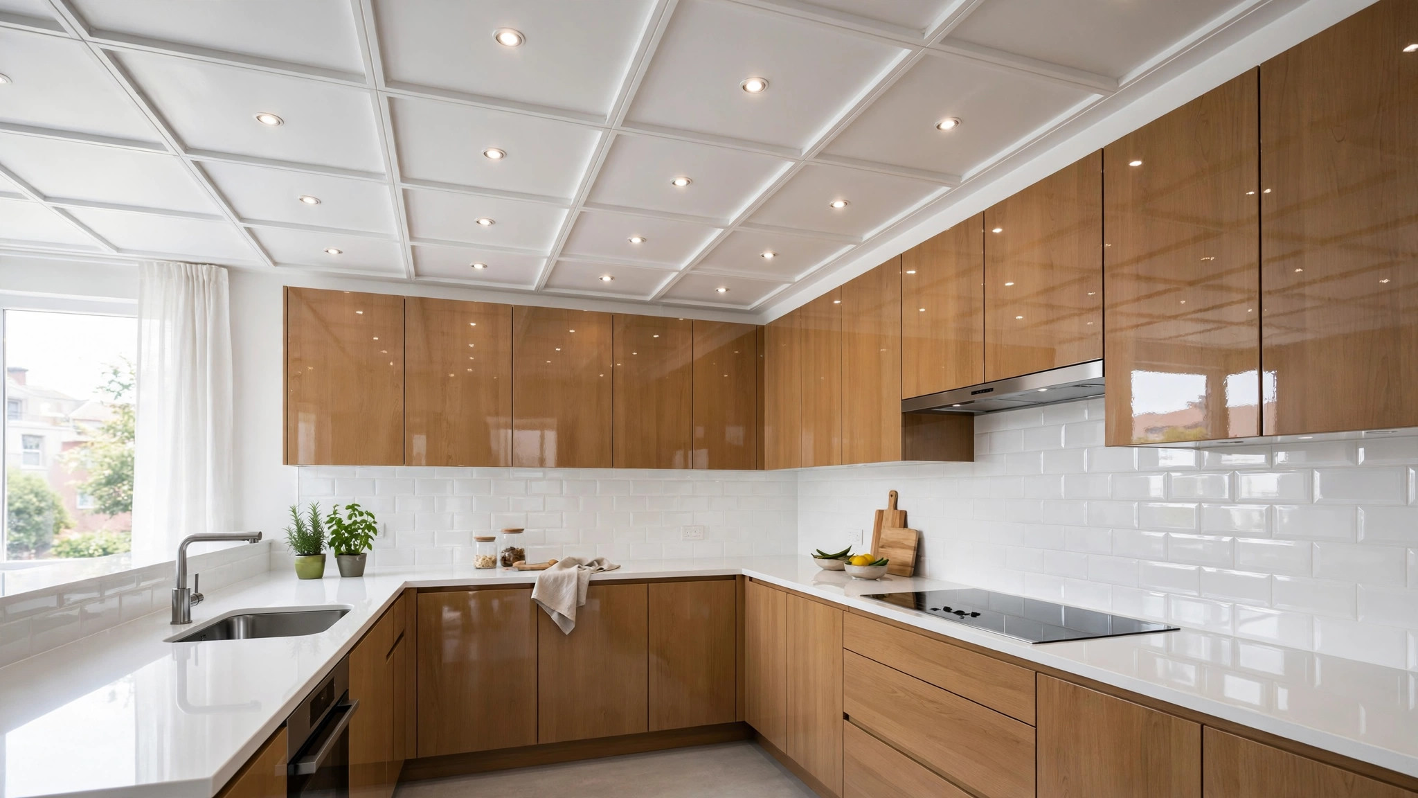 Concept render of a modular kitchen with wipeable PVC false ceiling panels and recessed spotlights