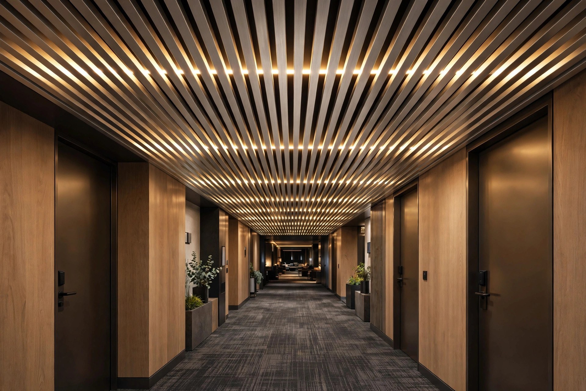 Hotel corridor with aluminium baffle strip ceiling and warm strip lights between the fins