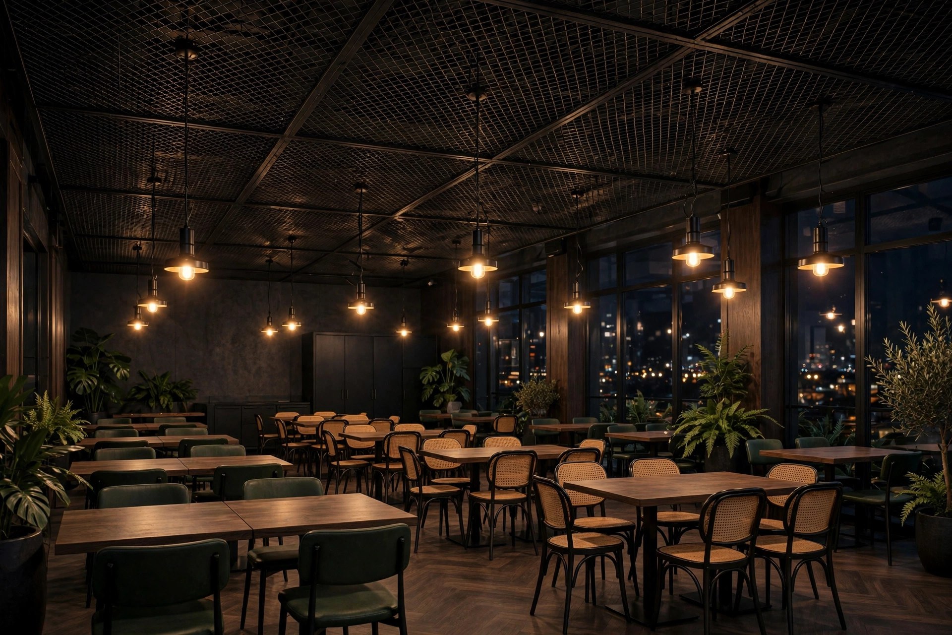 Restaurant dining hall with dark expanded metal mesh ceiling and pendant lights