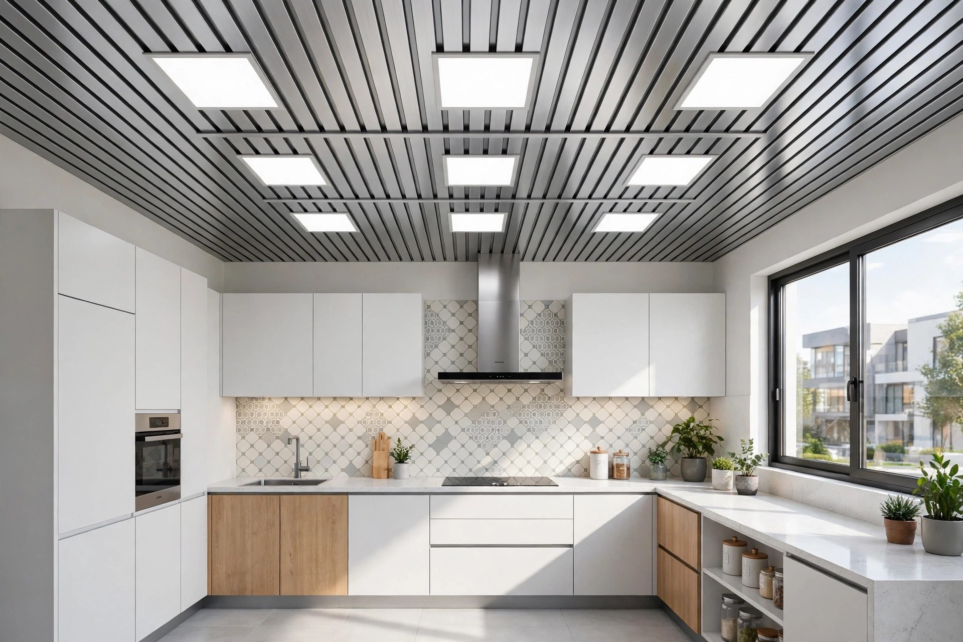 Modern Indian kitchen with metallic silver aluminium strip ceiling and recessed LED panel lights