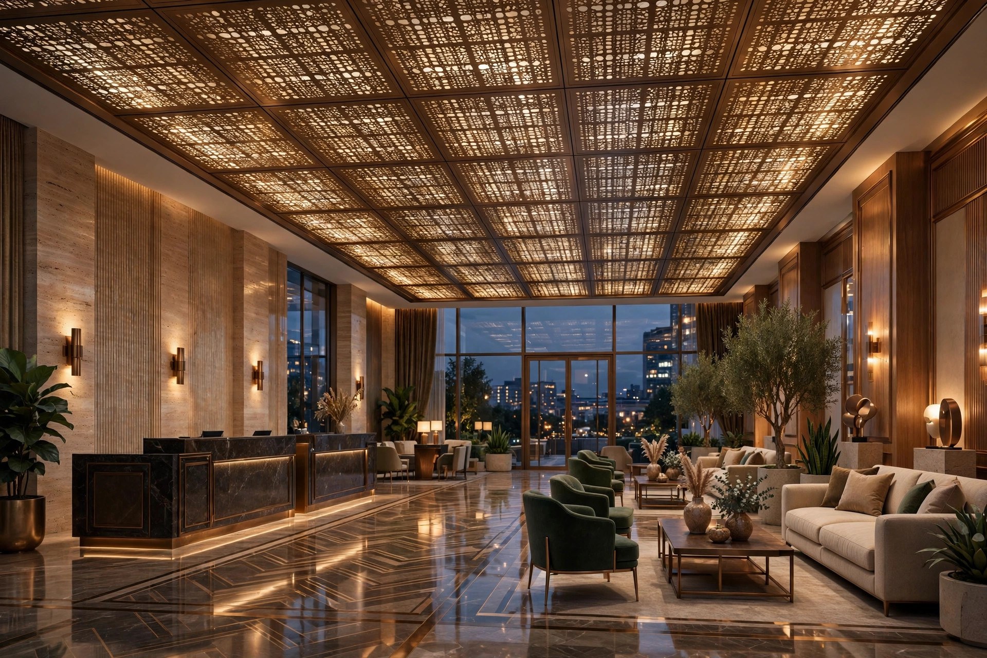 Hotel lobby with backlit perforated bronze metal ceiling panels glowing softly