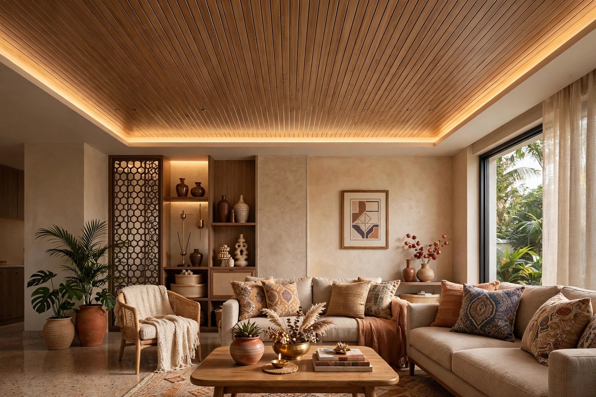 Living room with wood-look powder-coated aluminium linear ceiling and warm cove lighting