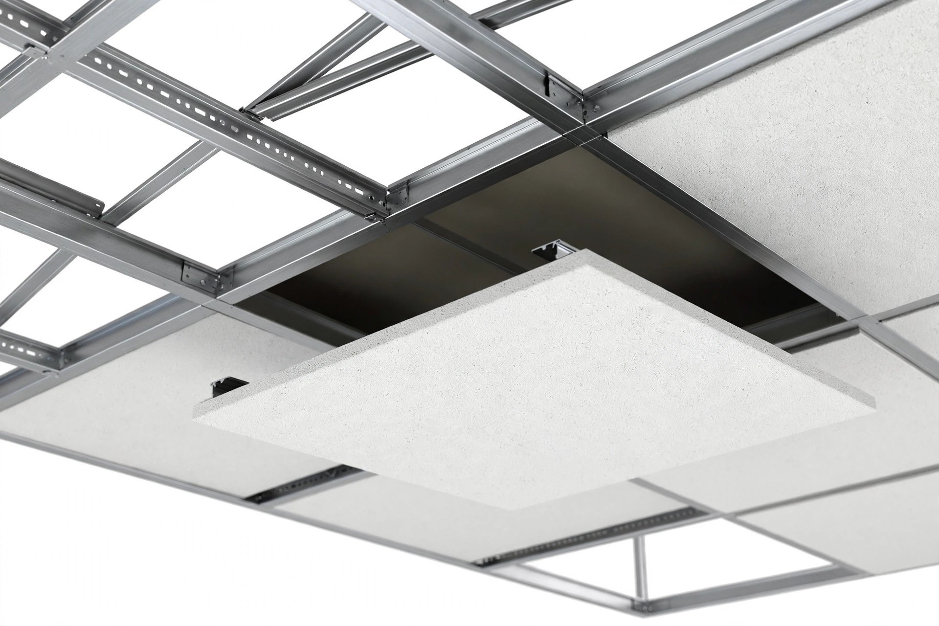 Close-up of an exposed aluminium T-grid ceiling with one white metal tile half lifted