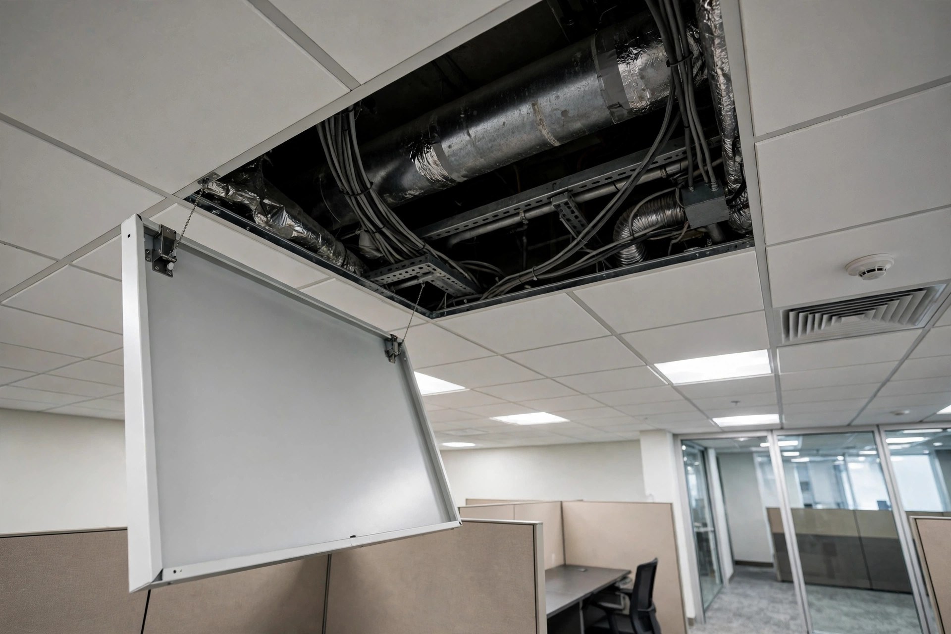 Hinged maintenance access panel open in a white metal tile ceiling revealing ducts above