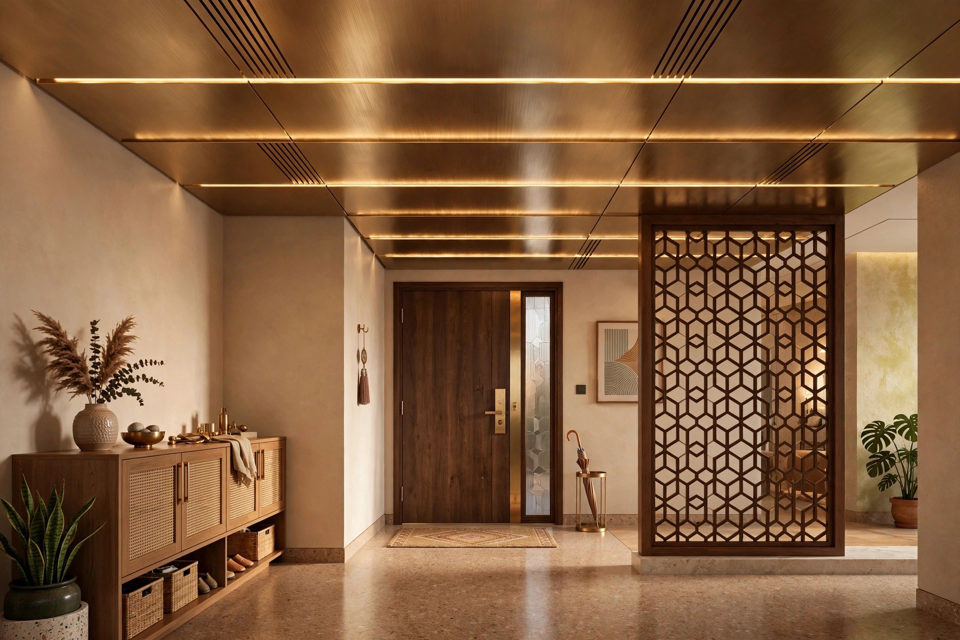 Apartment foyer with brushed brass-finish aluminium ceiling panels and linear lighting grooves