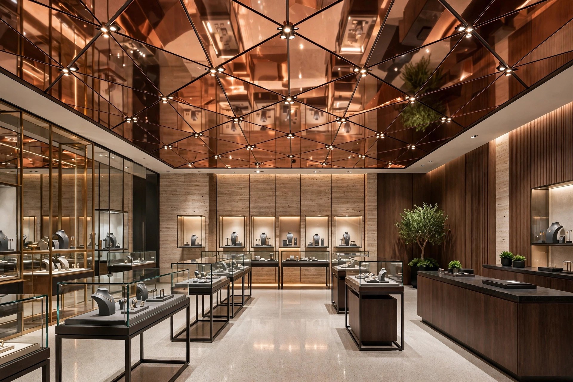 Jewellery showroom with copper-toned reflective aluminium ceiling panels and spotlights
