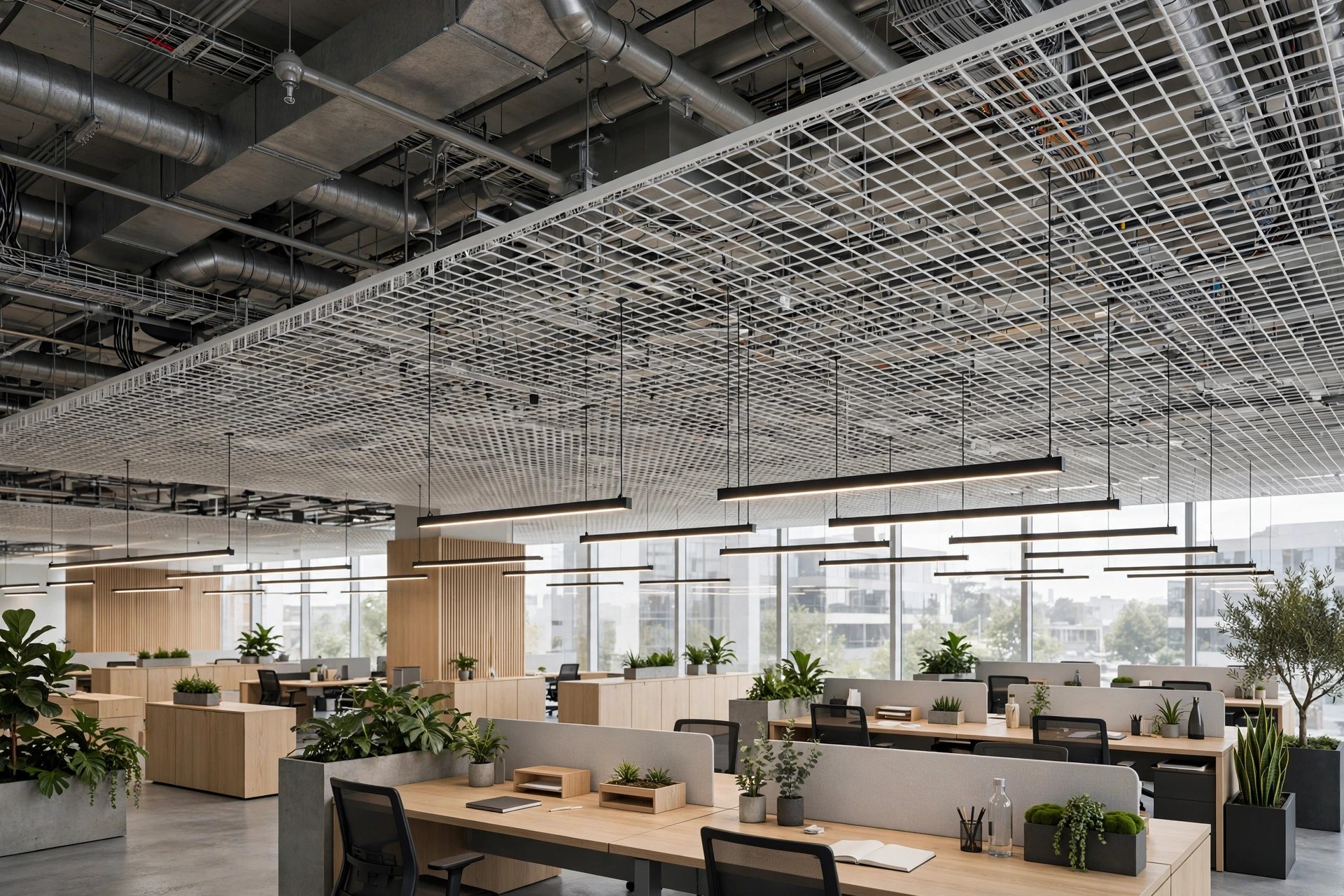 Open-plan office with white open-cell metal mesh grid ceiling and hanging pendant lights