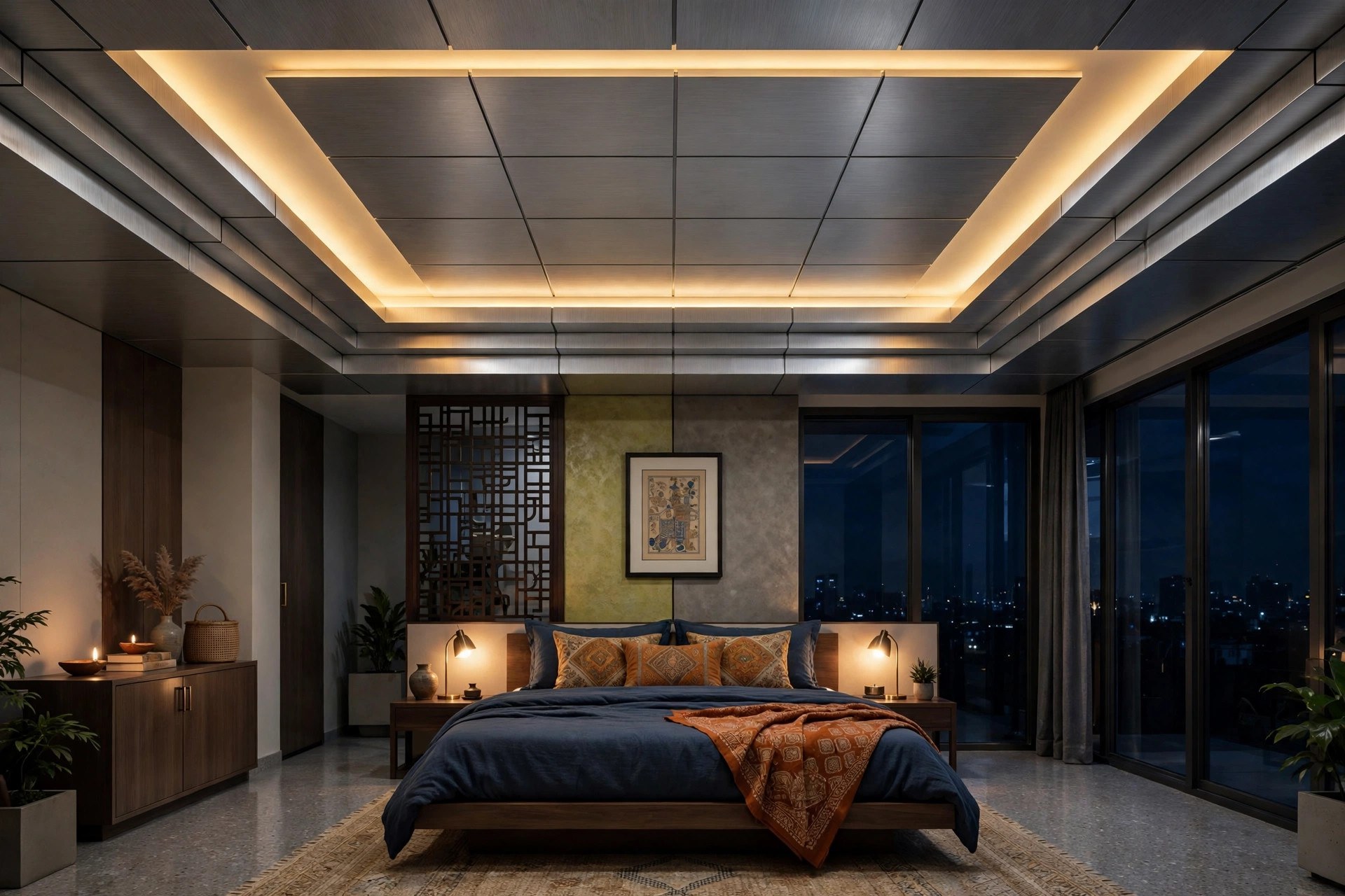 Bedroom with layered grey aluminium ceiling tray and warm LED cove lighting at night