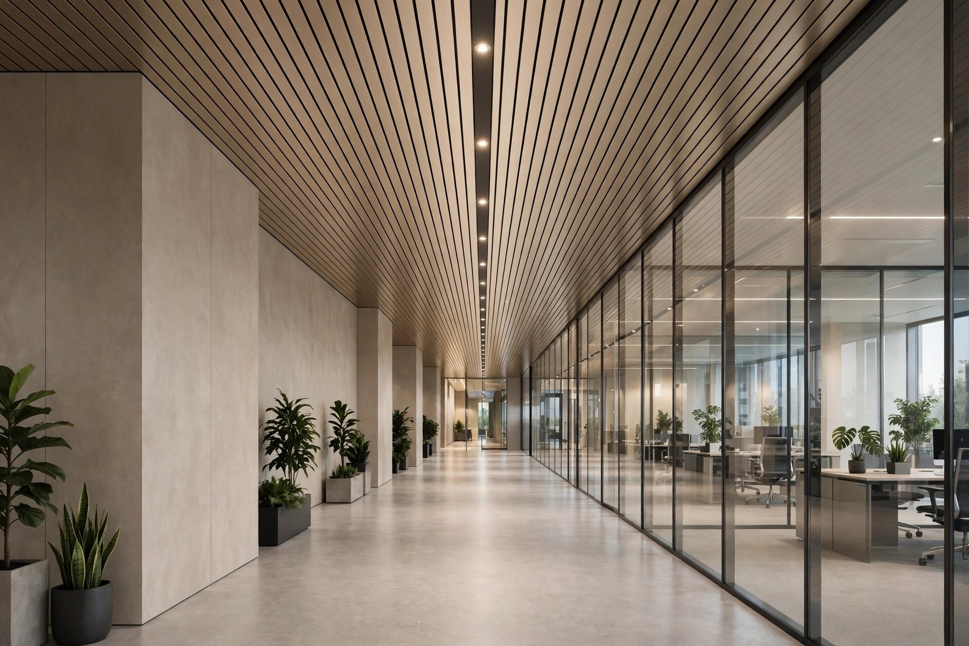 Office corridor in perspective with champagne aluminium linear plank ceiling and downlights
