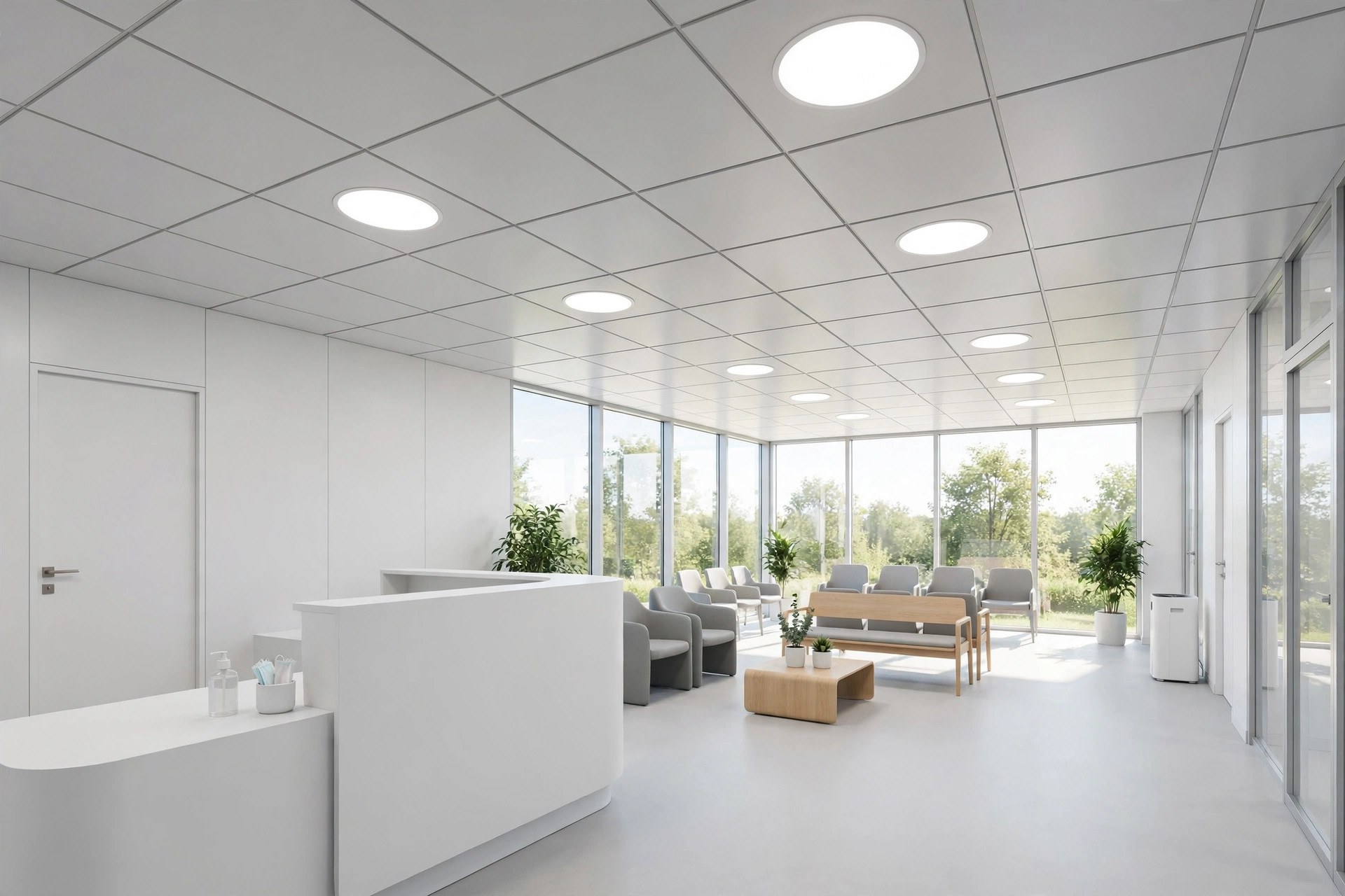 White aluminium clip-in panel ceiling with circular LED panels in a clinic waiting area