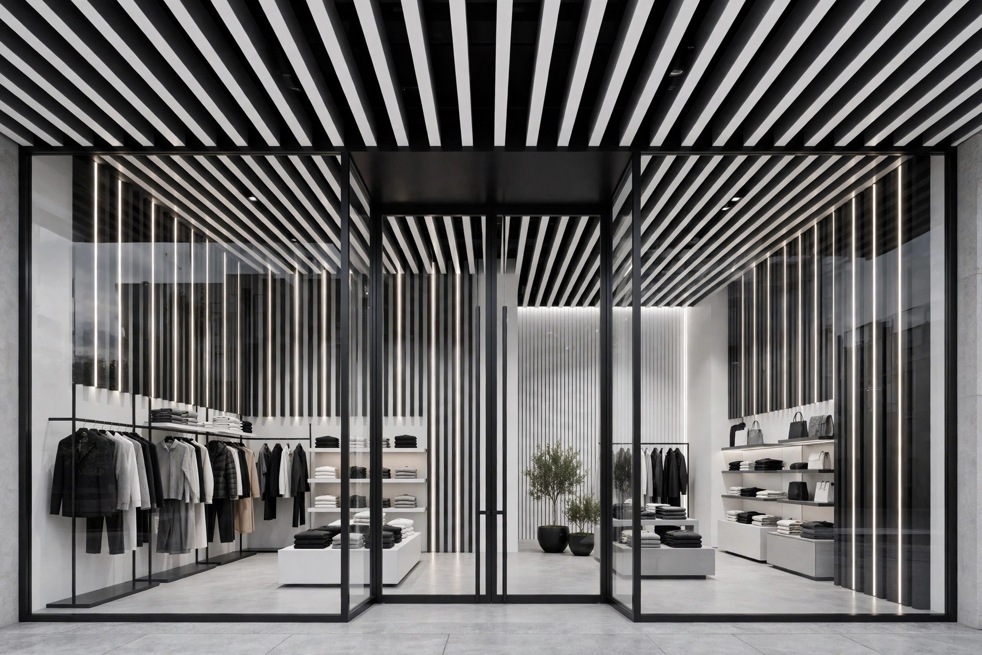 Fashion store with black and white designer aluminium baffle ceiling and concealed LED strips