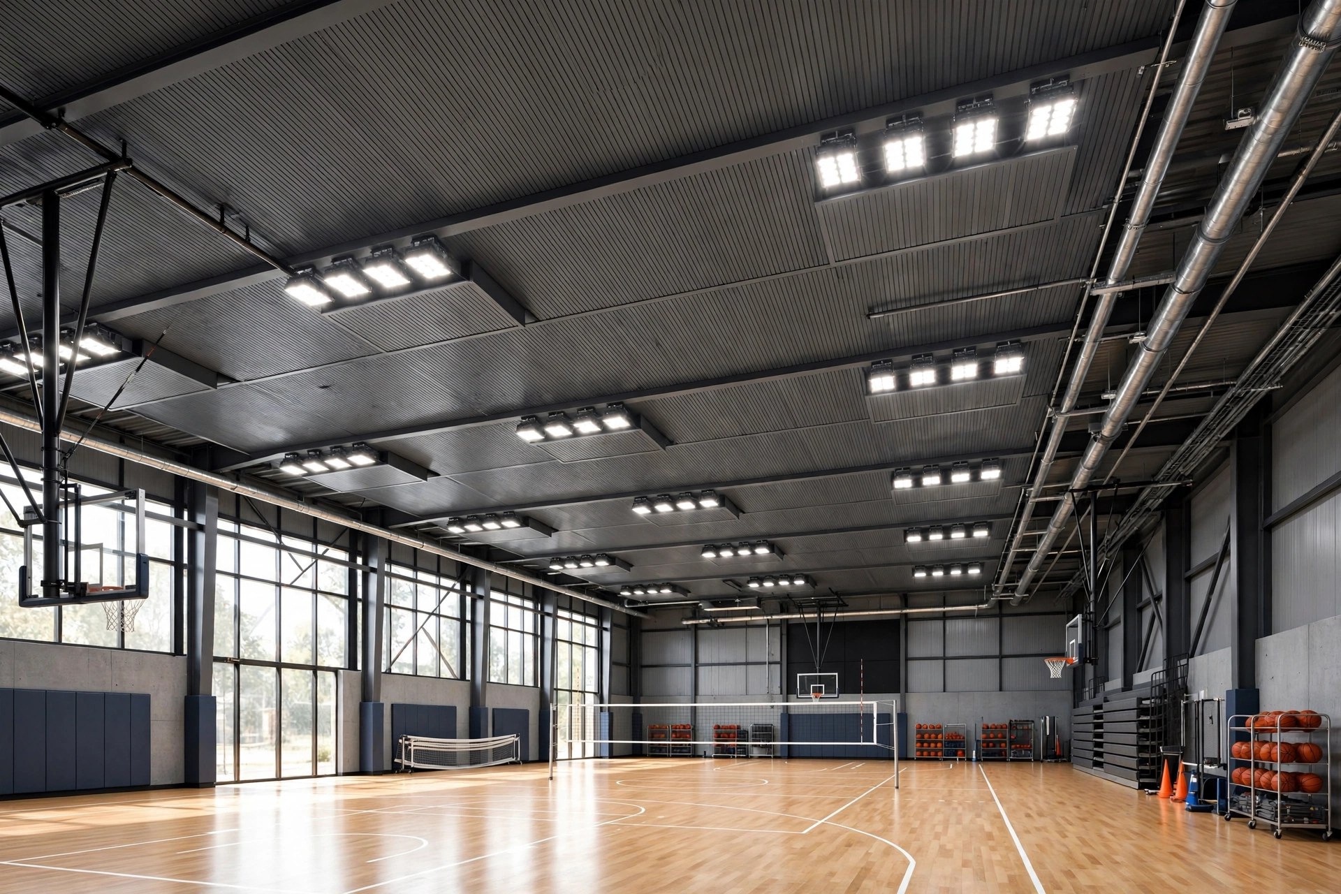 Gymnasium hall with durable powder-coated aluminium plank ceiling and high bay lights