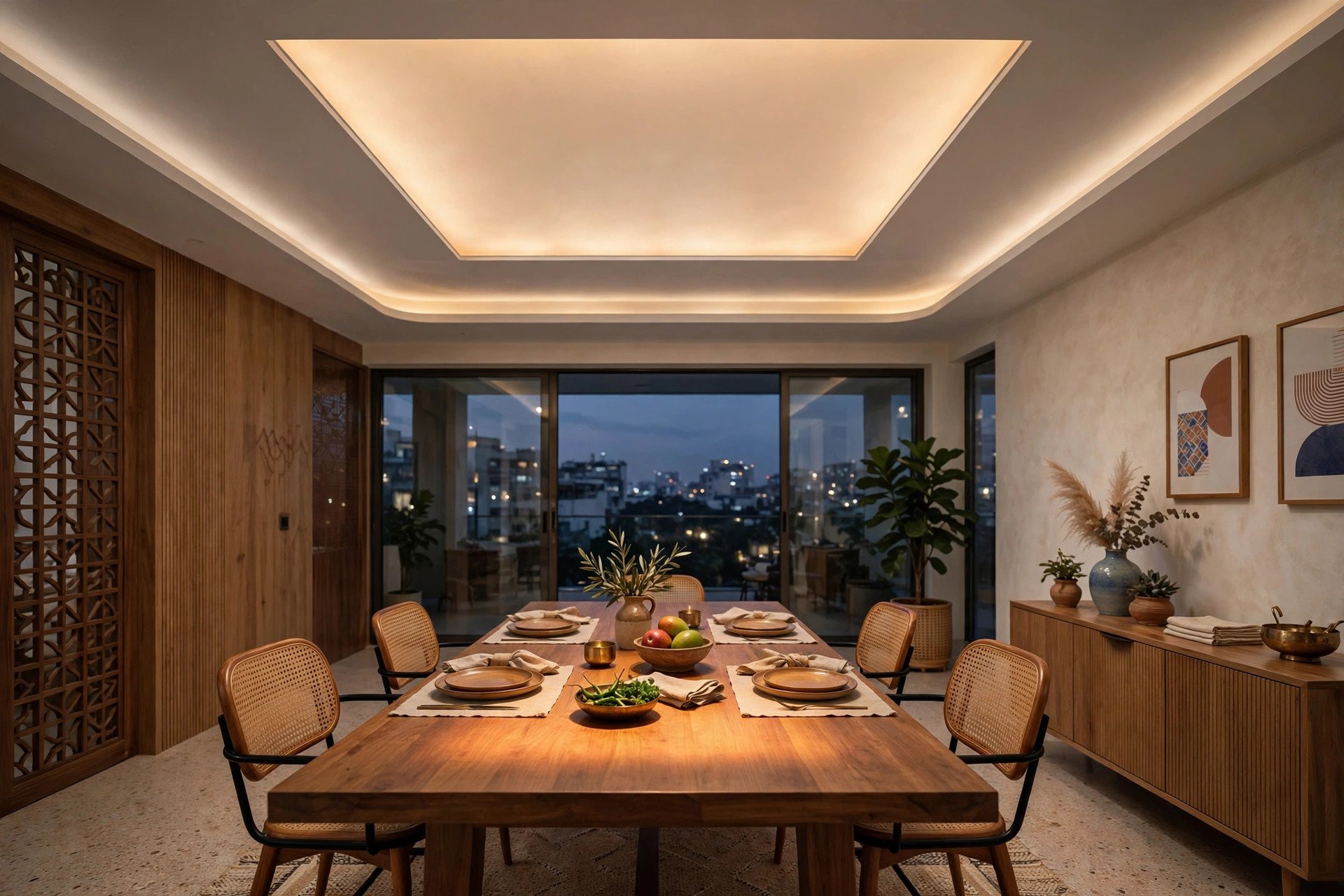 Dining room with a backlit frosted glass panel set into a white gypsum false ceiling