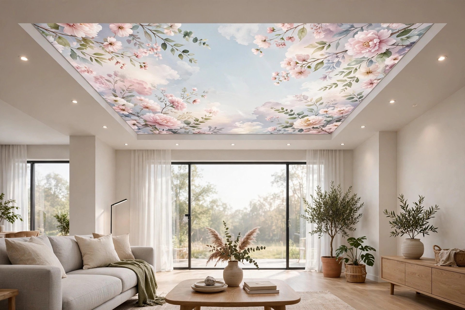 Living room ceiling with a digitally printed floral sky design on a glass panel