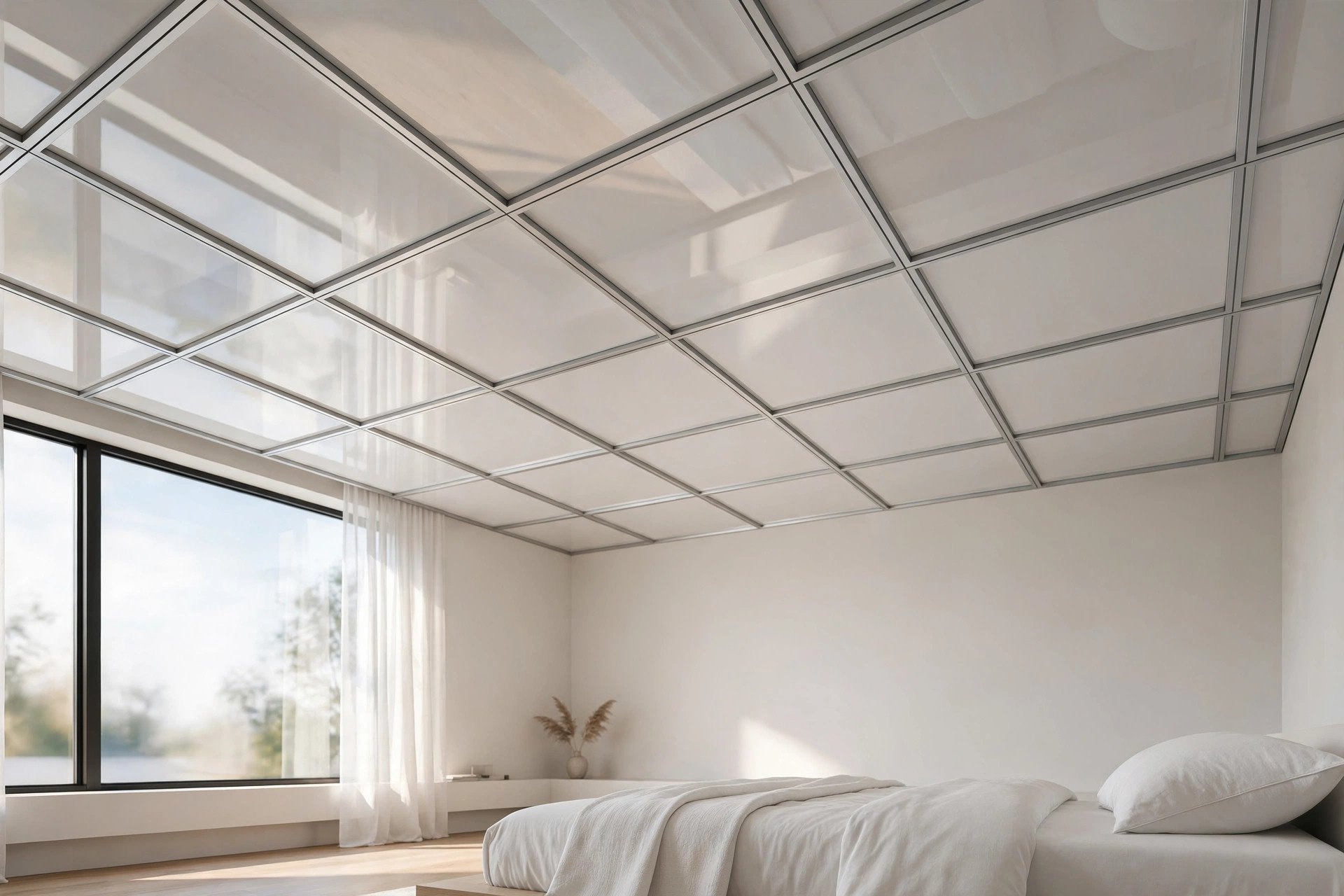 Minimalist bedroom ceiling with glossy lacquered white glass panels in a grid