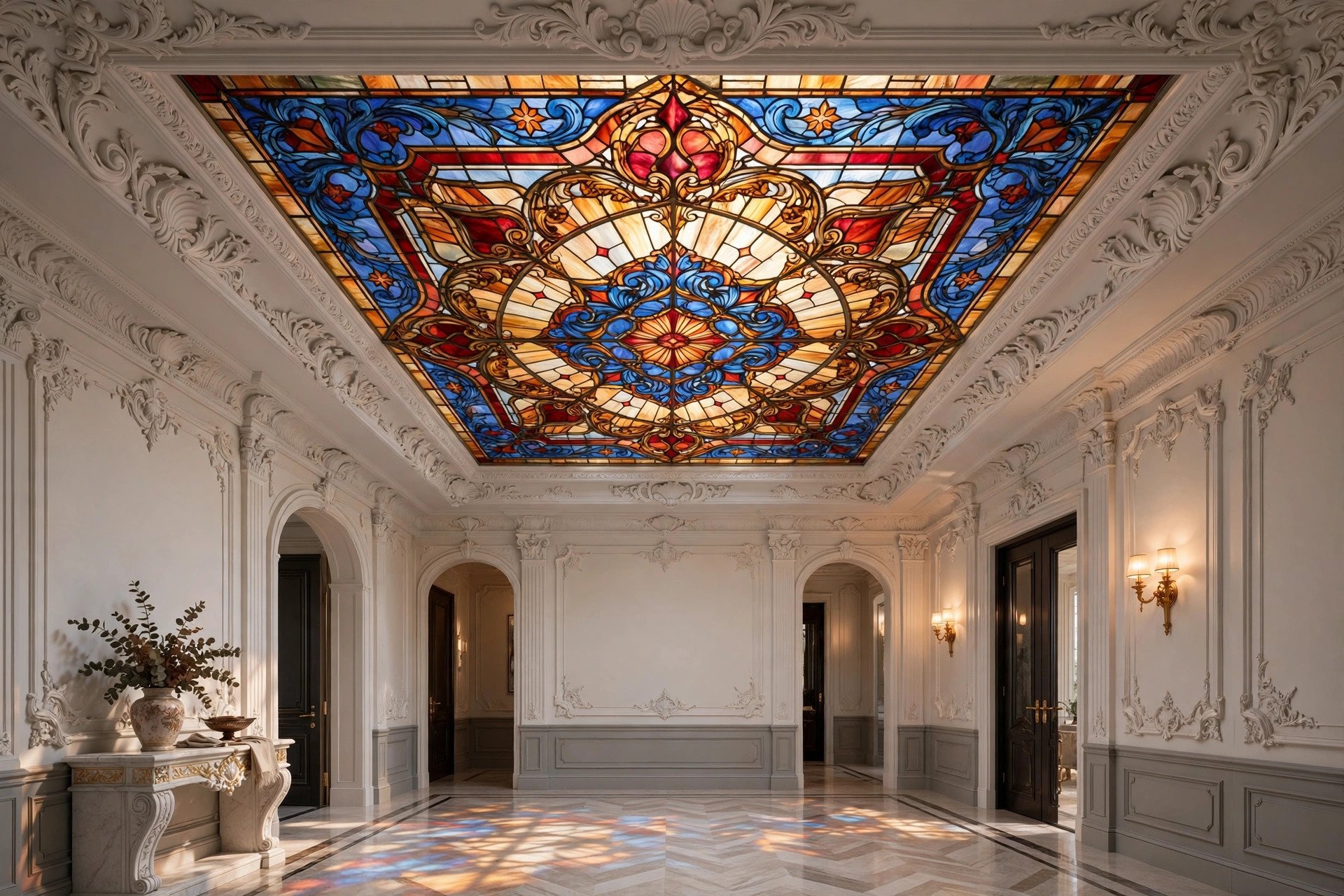 Foyer ceiling with an ornate stained-glass inset in jewel tones inside a gypsum border